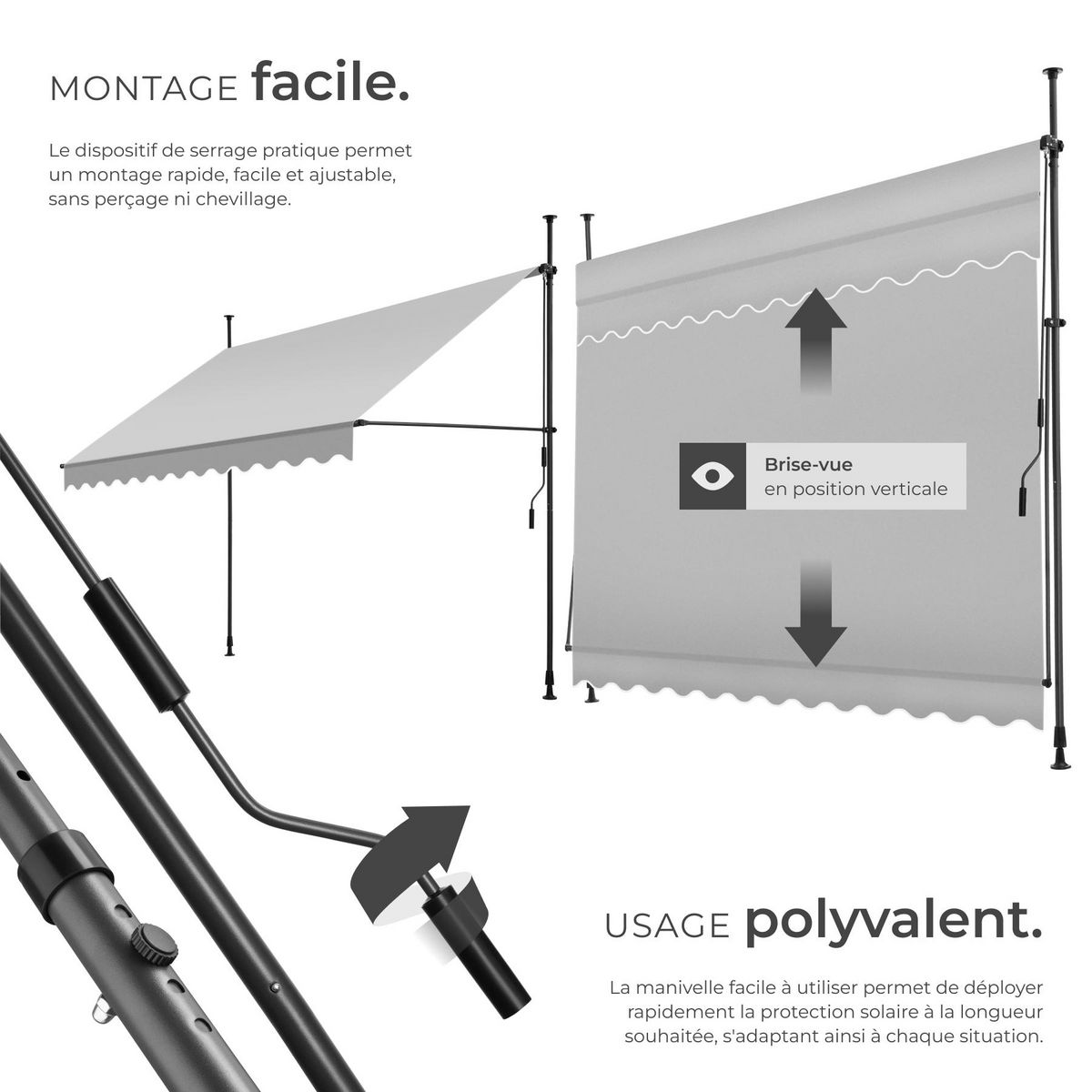 tectake Store à pince sans perçage avec manivelle gris clair 300 x 180 cm