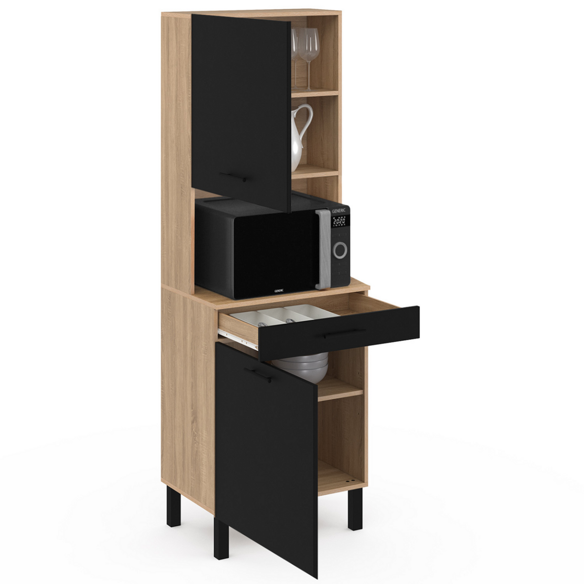 ID MARKET Buffet de cuisine 60 CM CINA 2 portes + tiroir façon hêtre et noir