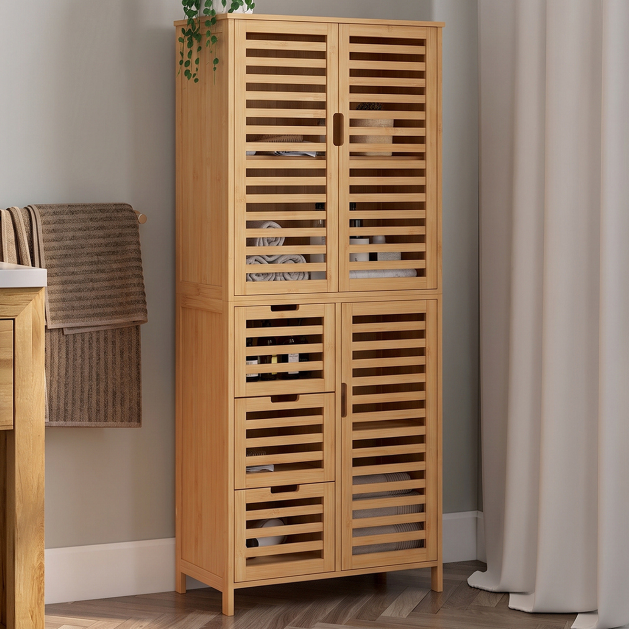 Voir la diapositive 2 : ID MARKET Meuble armoire colonne salle de bain bambou BEA 3 portes et 3 tiroirs