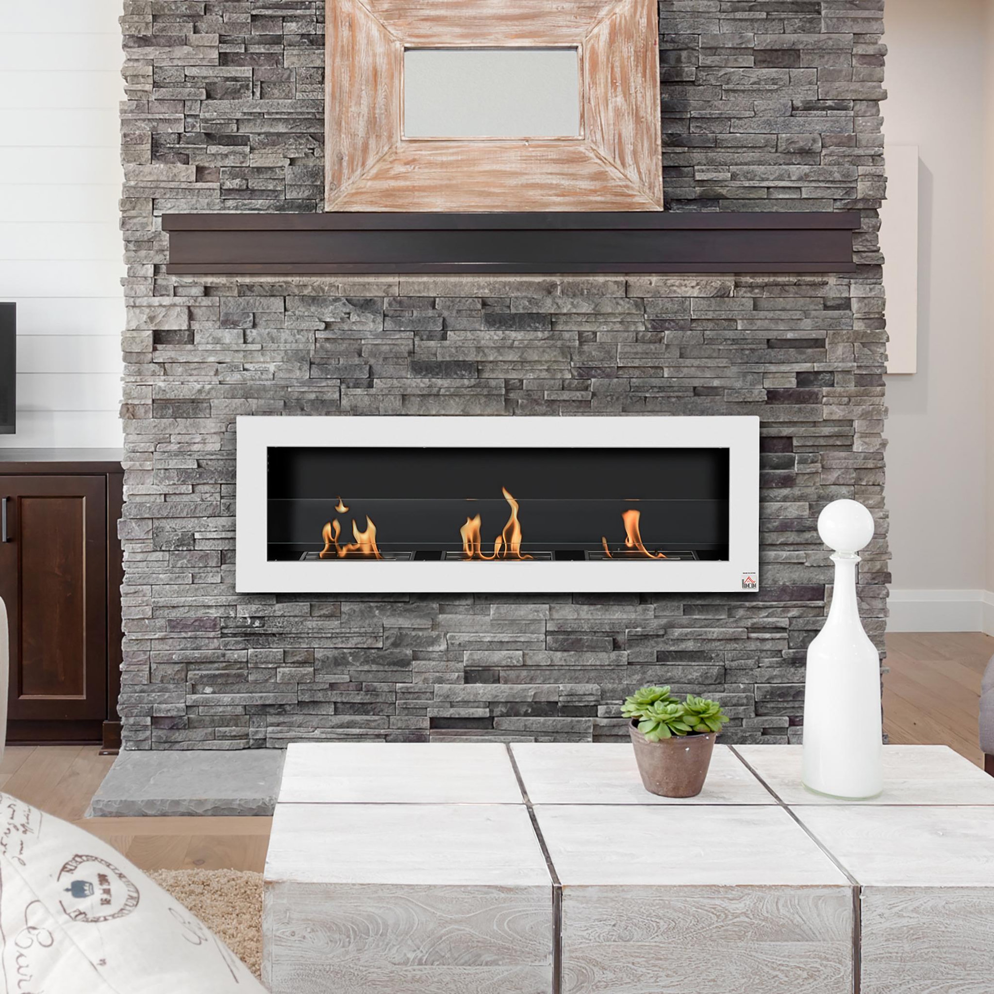 Voir la diapositive 2 : HOMCOM Cheminée bioéthanol murale design bauhaus - triple brûleur 1 l - pare-feu verre trempé, kit fixation inclus - acier inox. Acier dépoli blanc