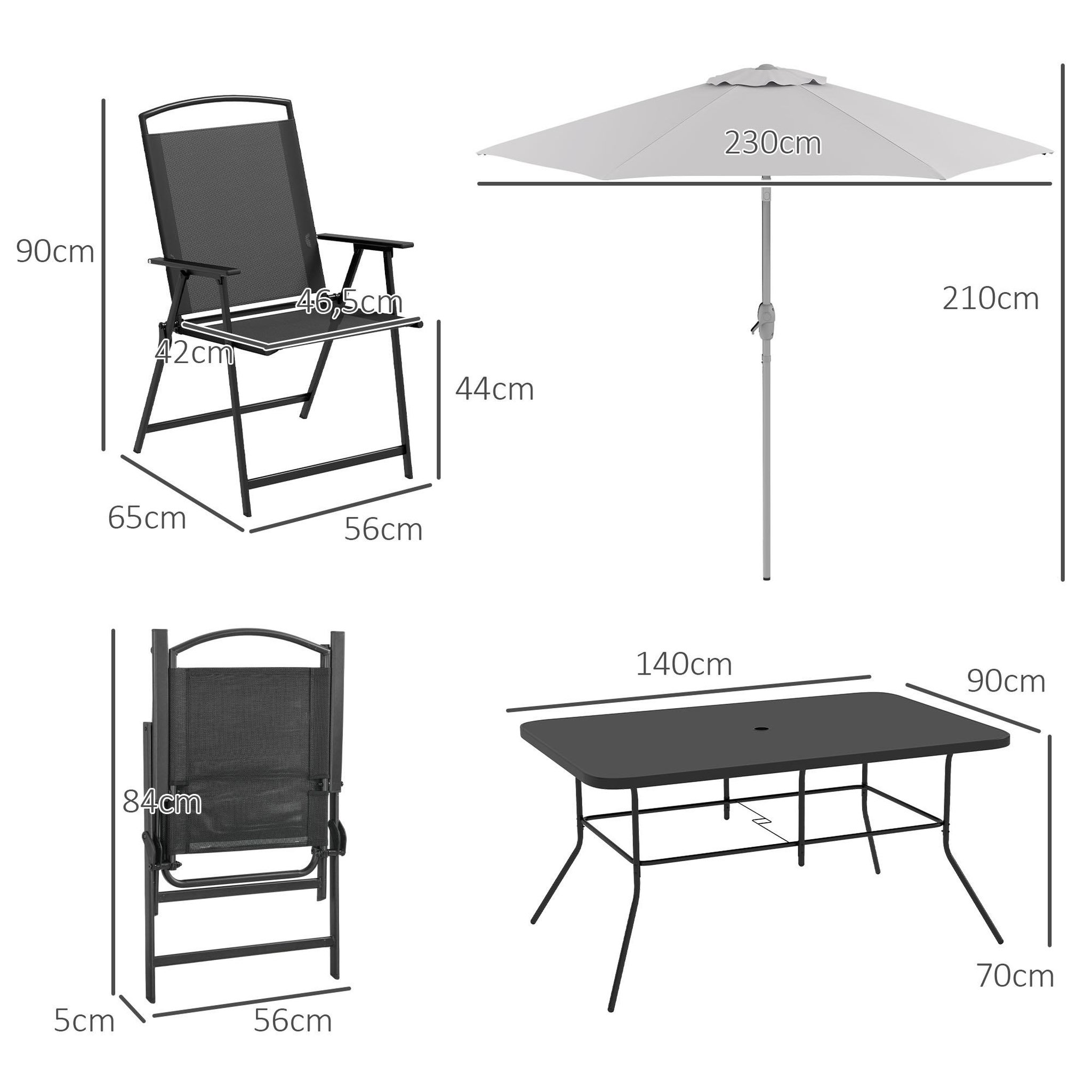 Voir la diapositive 3 : OUTSUNNY Ensemble salon de jardin 6 places 8 pièces - parasol, table, 6 chaises pliantes - métal époxy textilène polyester noir gris