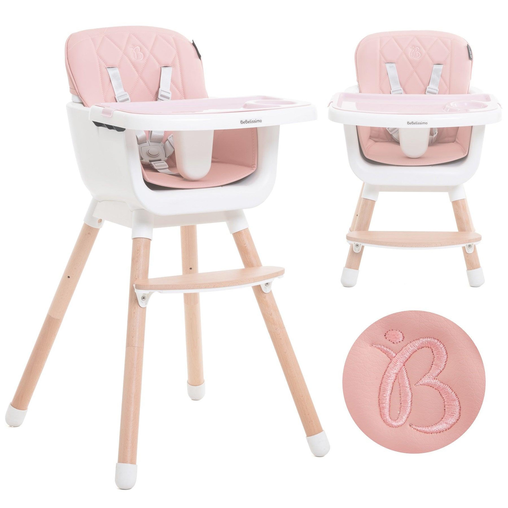 BEBELISSIMO Chaise Haute bébé - Évolutive - Réglable - en Bois - 2 en 1 – 6 mois jusqu'à 5 ans- rose
