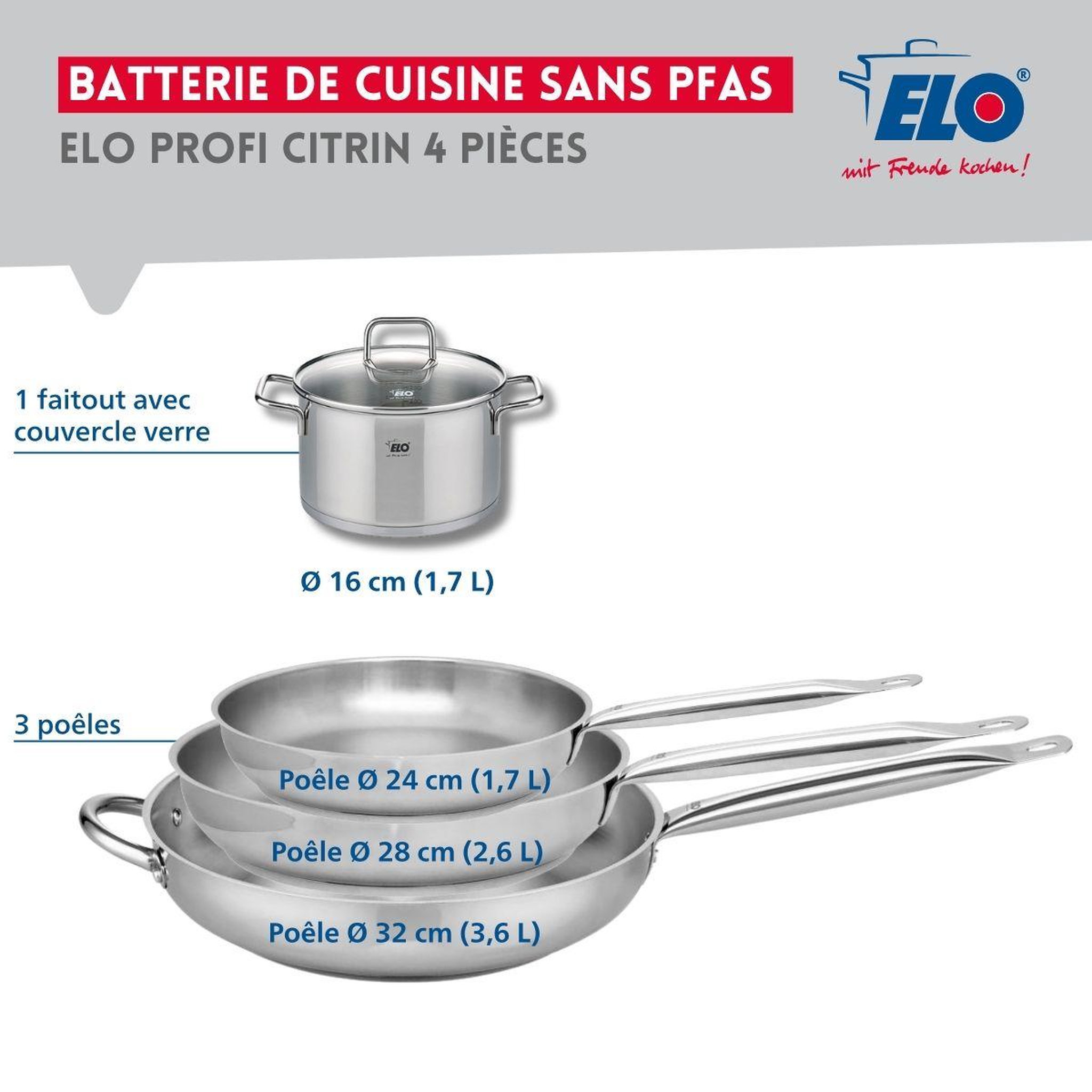 Voir la diapositive 2 : ELO Ensemble de 3 Poêles de cuisson 24, 28 et 32 cm et 1 faitout 16 cm Elo Profi Citrin