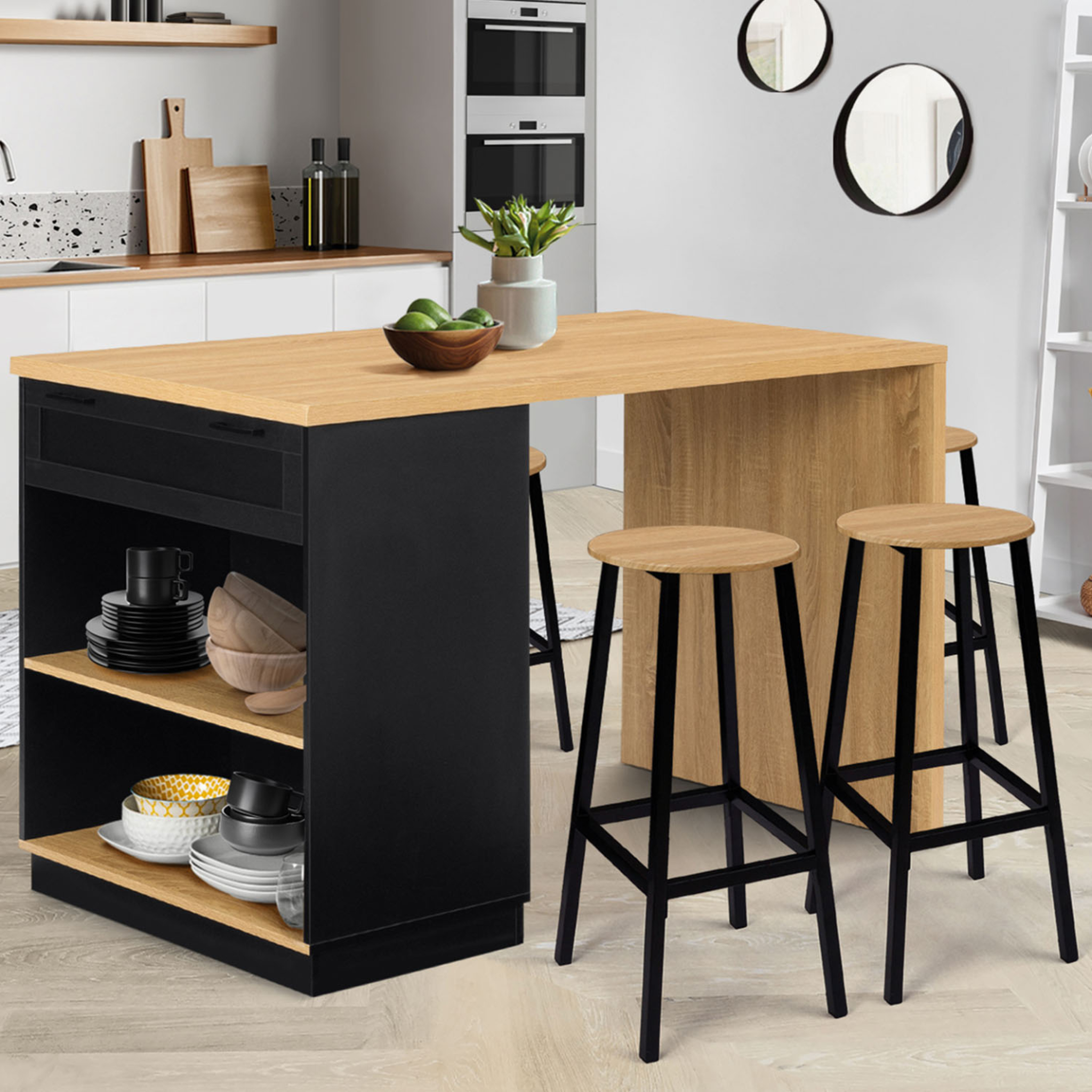 Voir la diapositive 2 : ID MARKET Ilot central mange-debout 4 personnes vito 130 cm noir et plateau bois