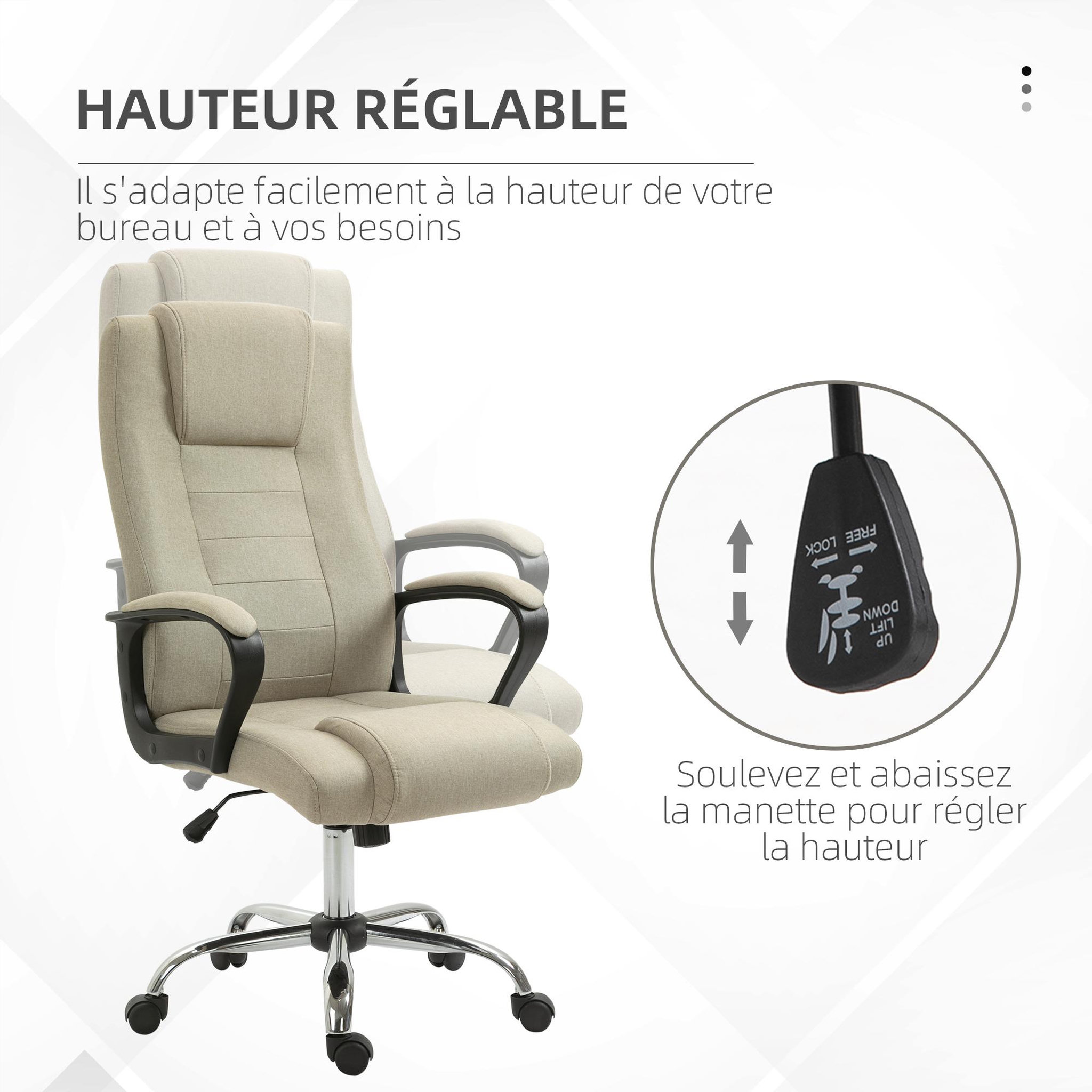 Voir la diapositive 4 : HOMCOM Fauteuil de bureau à roulettes chaise manager ergonomique pivotante hauteur réglable lin beige