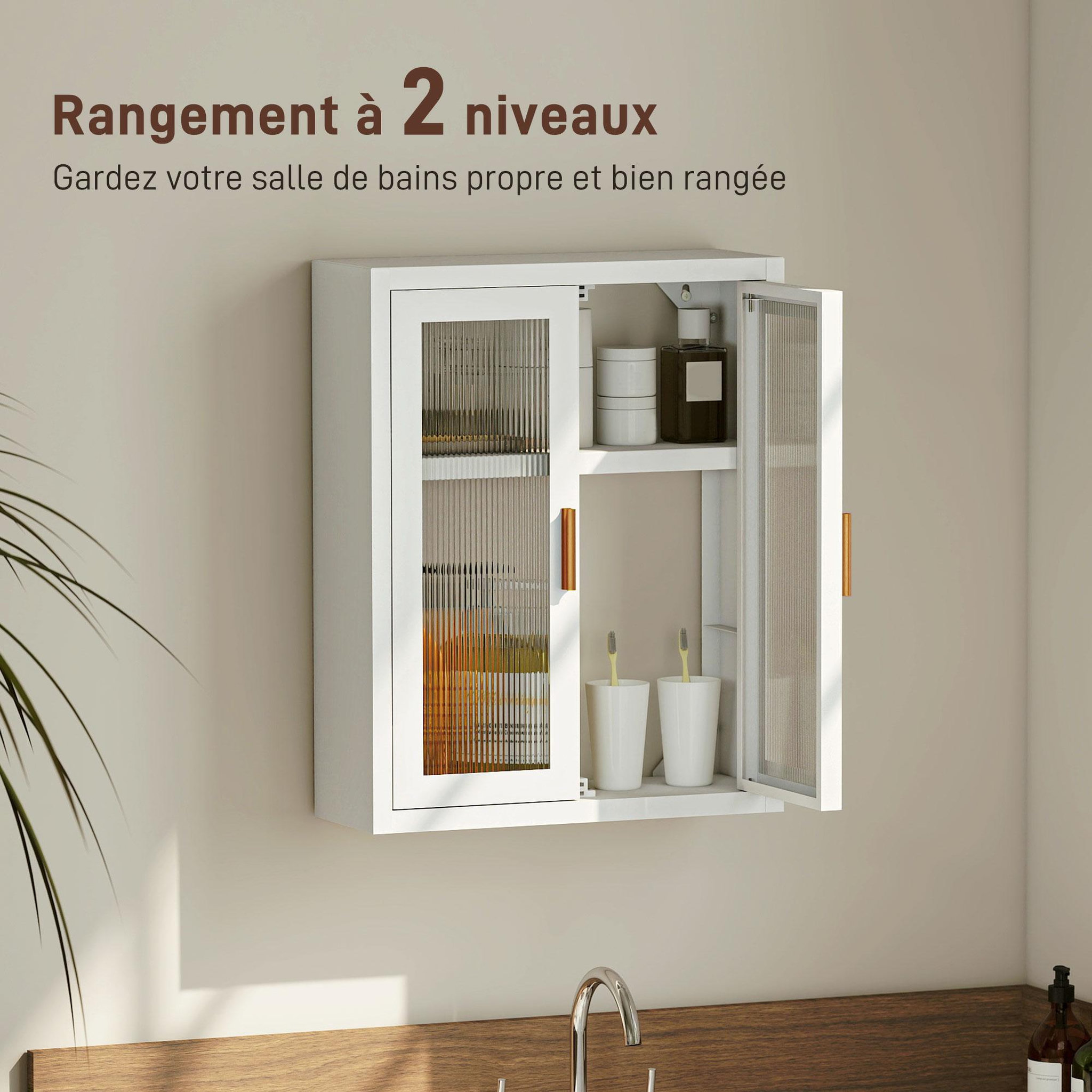 Voir la diapositive 6 : HOMCOM Armoire murale métal salle de bain étagère 2 portes acrylique cannelé 40 x 14 x 50 cm blanc doré