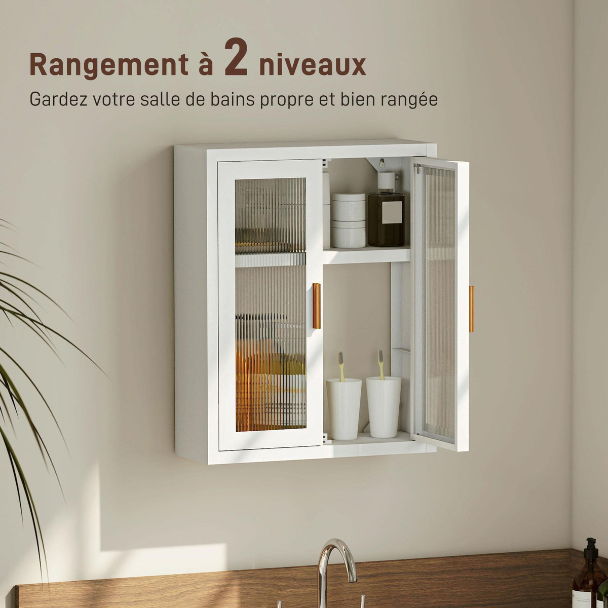 HOMCOM Armoire murale métal salle de bain étagère 2 portes acrylique cannelé 40 x 14 x 50 cm blanc doré