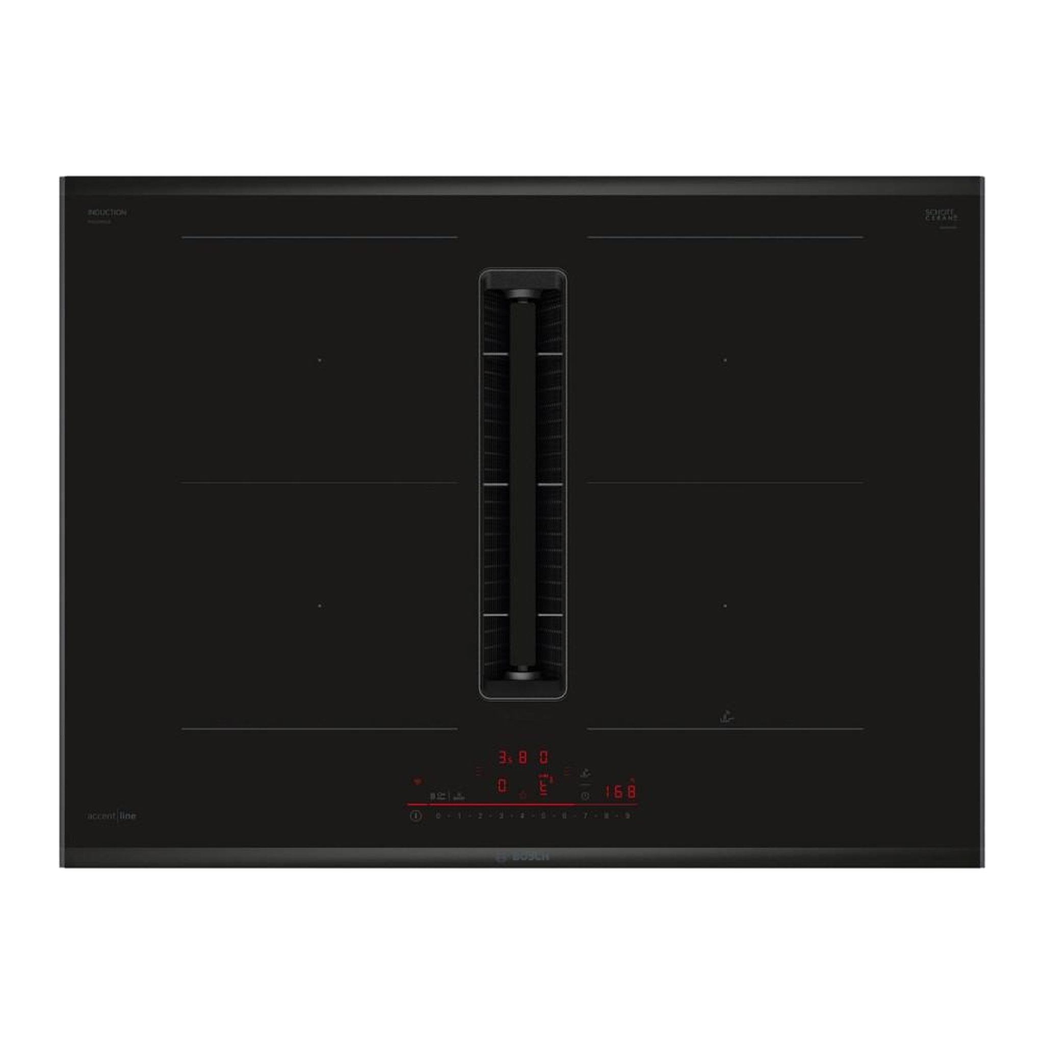 BOSCH Bosch pvq795h26e table de cuisson à induction 71 cm intégrée avec hotte escamotable downdraft, 4 zones dont 2 combizone, commandes sensitives, extraction 500 m³/h et 69 db