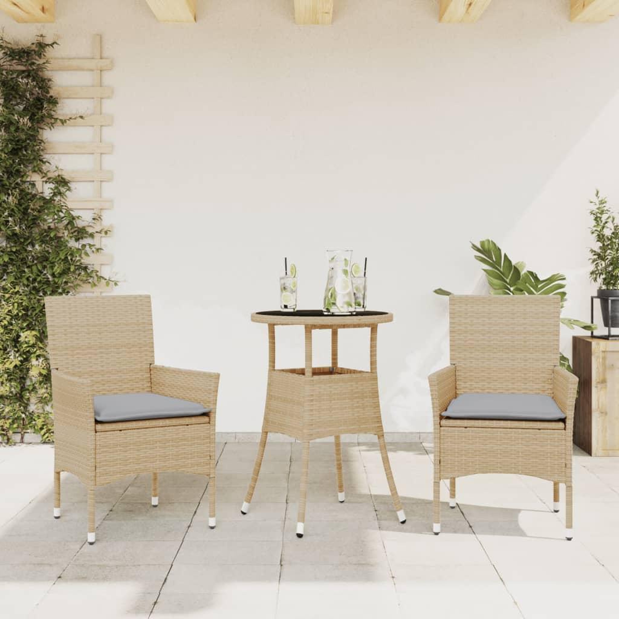 VIDAXL Ensemble a manger de jardin et coussins 3 pcs beige rotin verre