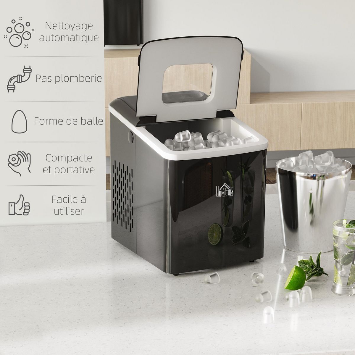 HOMCOM Machine à glaçon 120 W - capacité réservoir eau 1,8 L - capacité réservoir glace 0,8 Kg - cuillère et panier inclus - PP noir