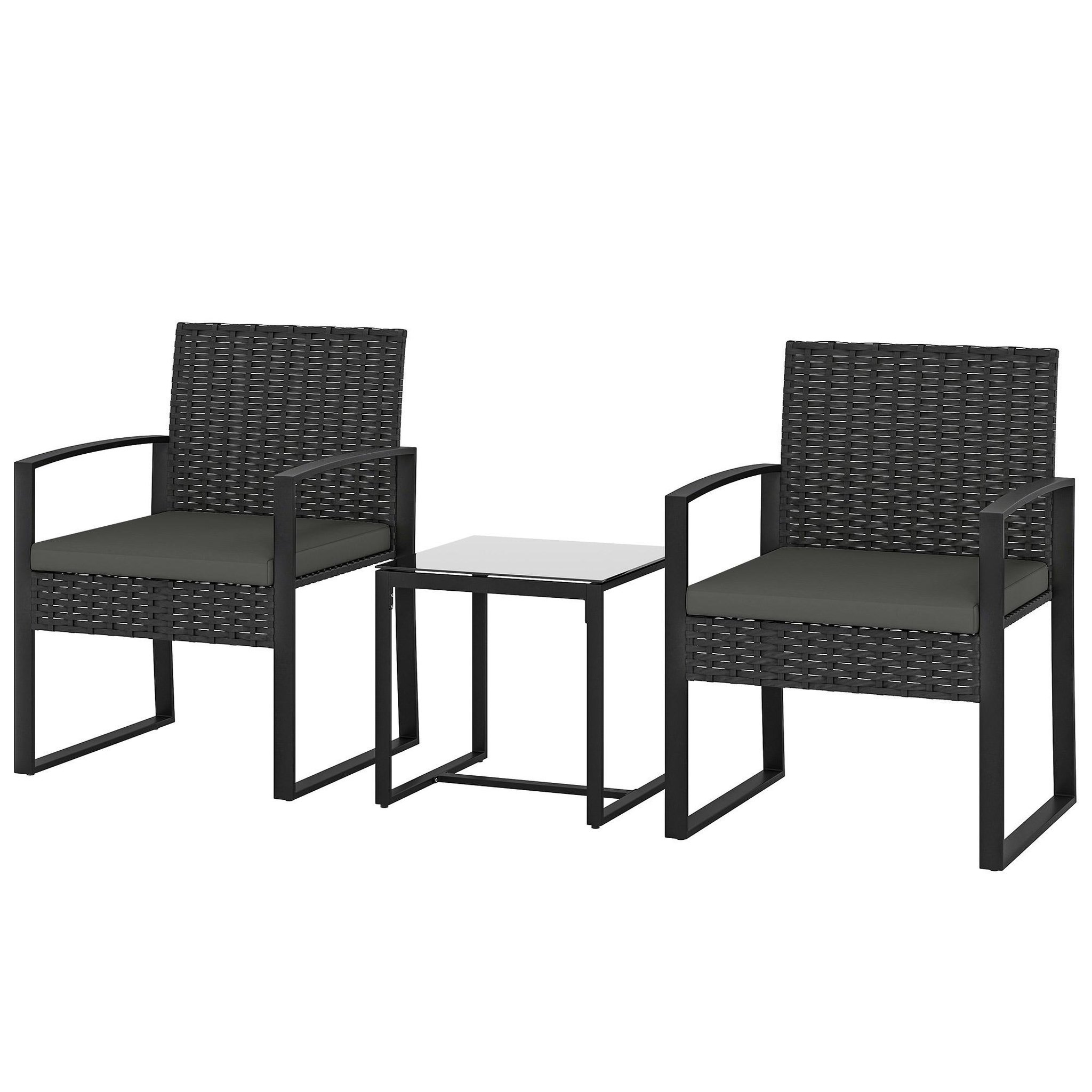Voir la diapositive 5 : OUTSUNNY Salon de jardin 2 places 3 pièces avec coussins plateau verre trempé résine tressée 6 fils gris