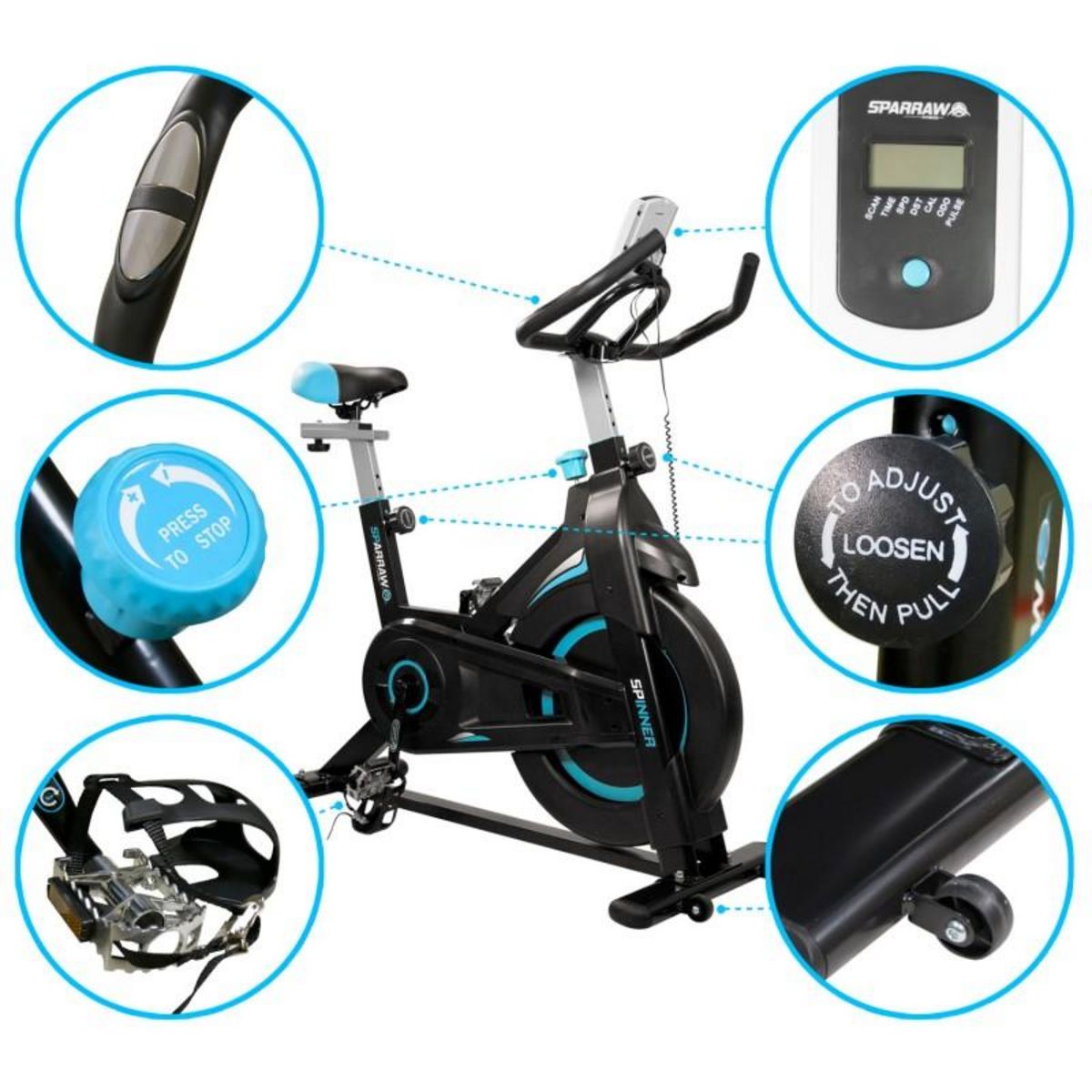 SPARRAW Vélo Spinning SPINNER - Exercice bike avec roue d'inertie 6Kg - Cardio et Fitness training