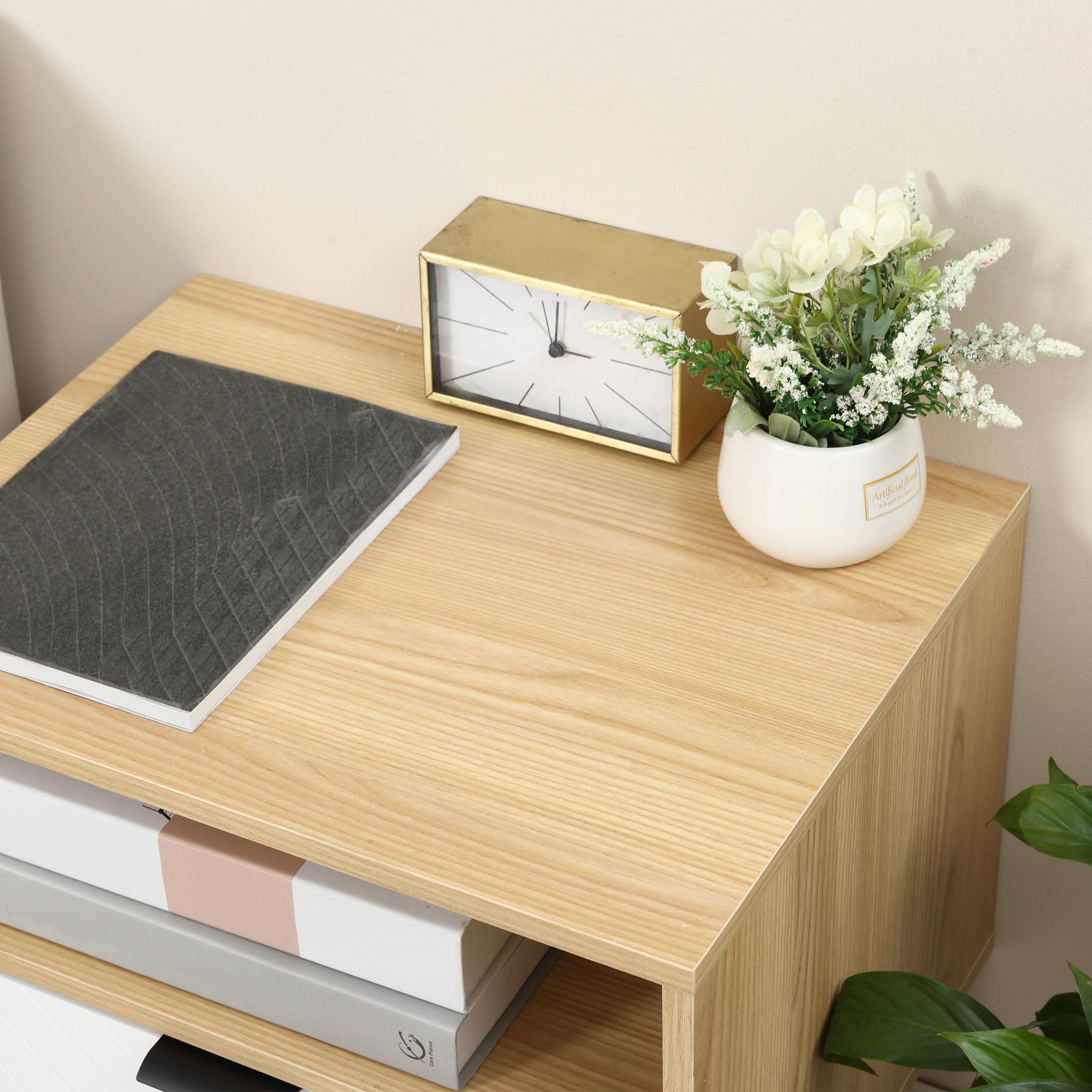 Voir la diapositive 6 : HOMCOM Chevet table de nuit design scandinave tiroir + niche bois pin panneaux particules motif chevrons blanc aspect chêne clair