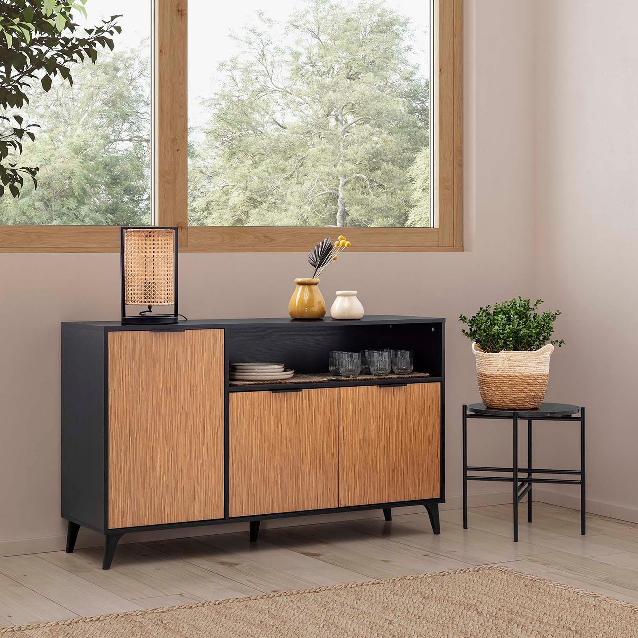Voir la diapositive 2 : VS VENTA-STOCK Buffet Denis 3 portes 1 trou, couleur Noir/Bois
