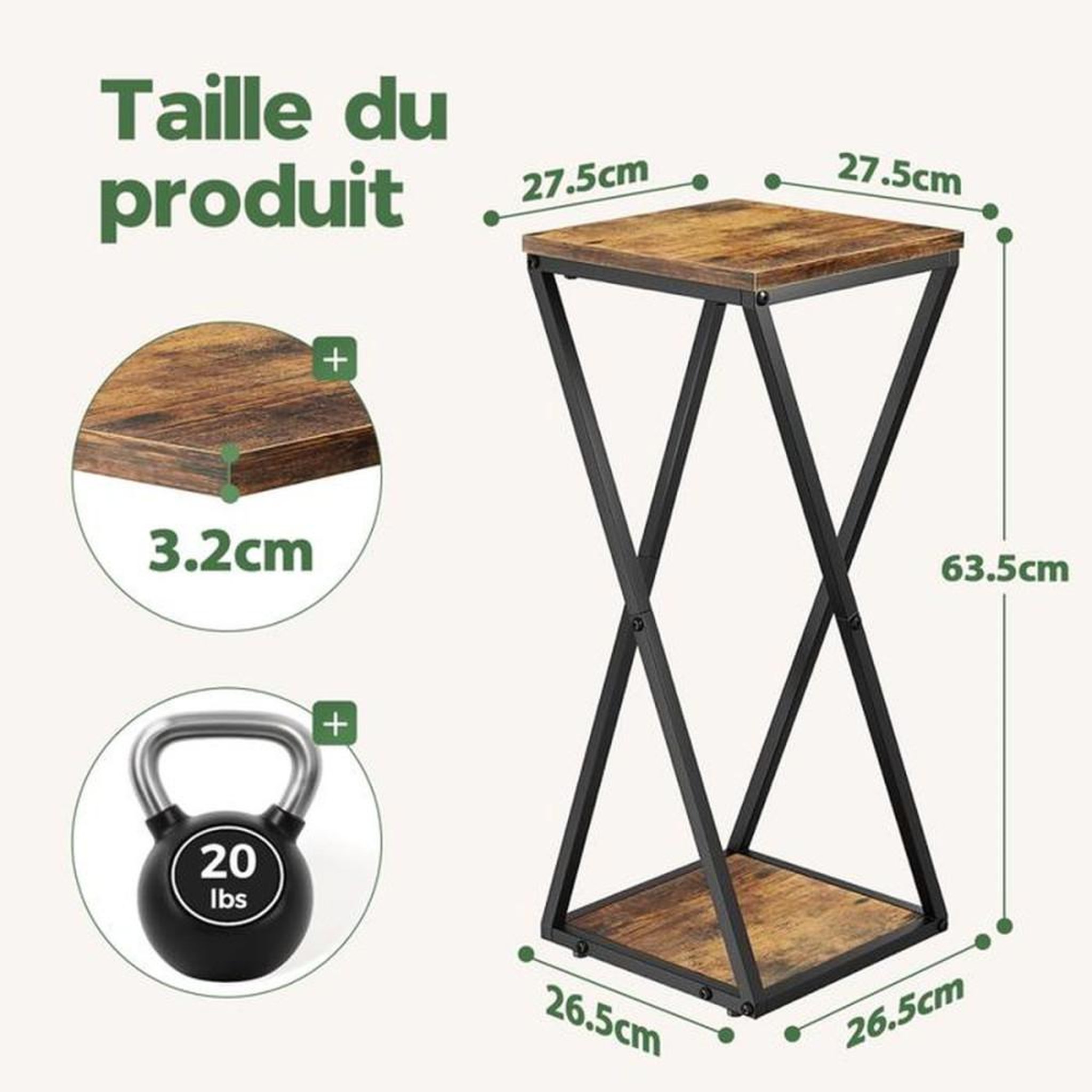 Voir la diapositive 2 : Présentoir d'angle à 2 niveaux pour plantes BAMWORLD brun 26 x 26 x 63 cm
