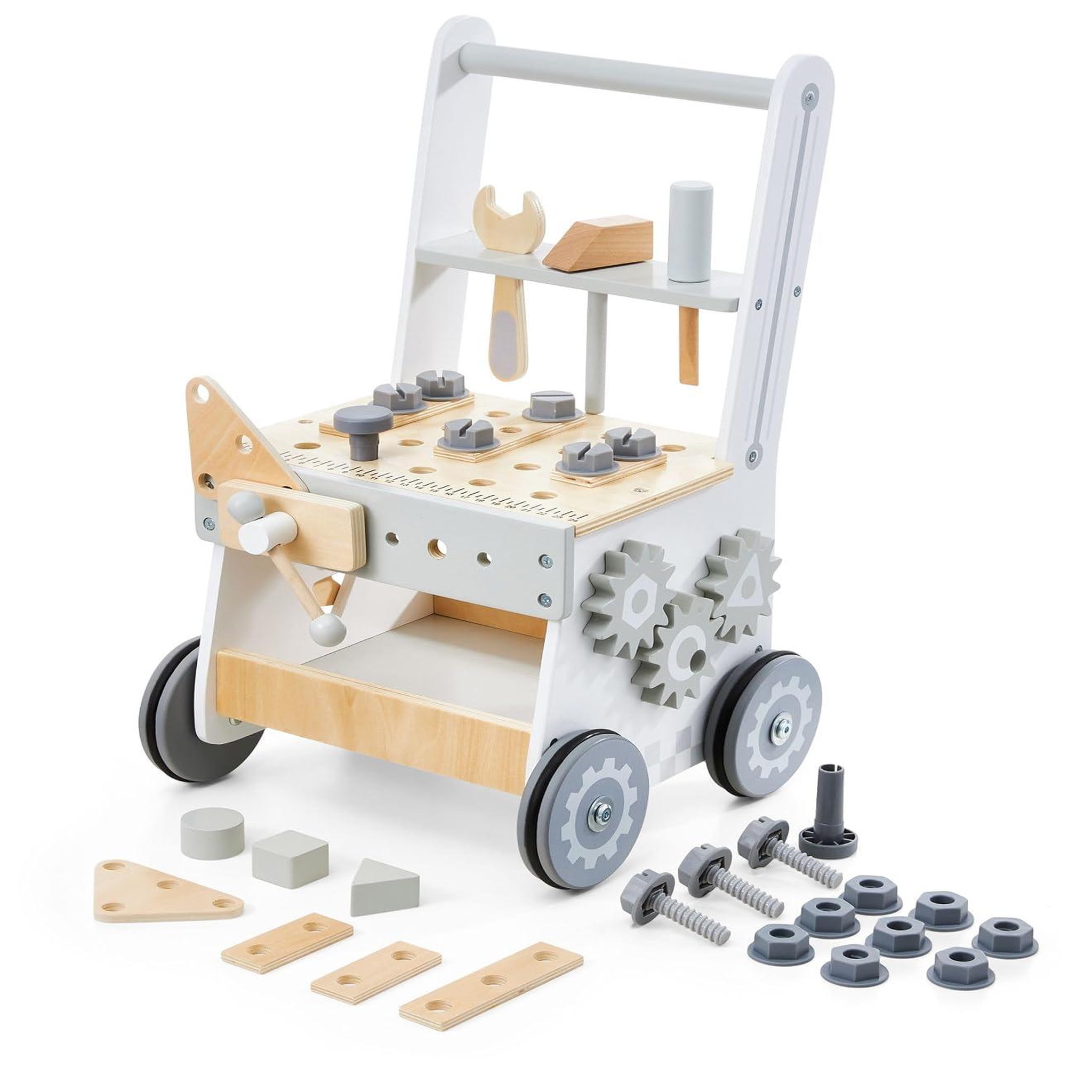 MAMABRUM Établi Enfant Atelier Bois, 3 en 1 Trotteur Bébé Multifonction, Pousse Pousse avec Barre & Roues