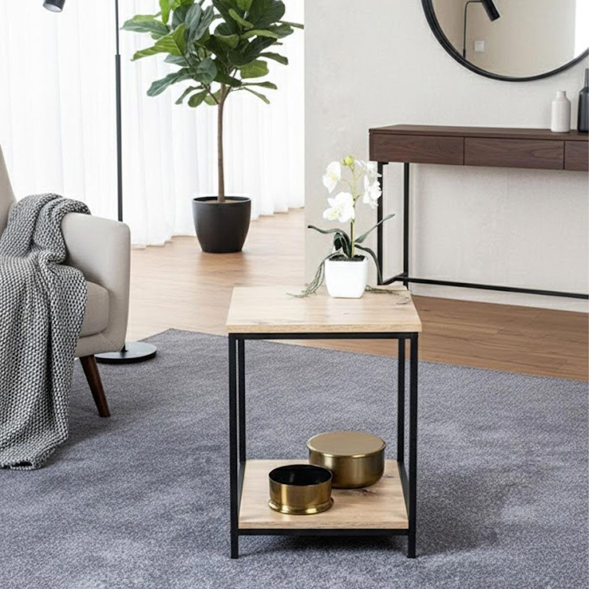 Paris Prix Table d'Appoint Carrée  Longo  50cm Naturel & Noir