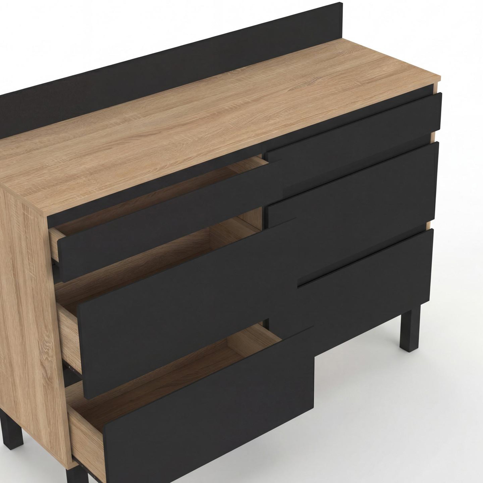 Voir la diapositive 6 : ID MARKET Buffet bas double casserolier de cuisine 120 cm claude plan de travail h. 83 cm 6 tiroirs bois et noir