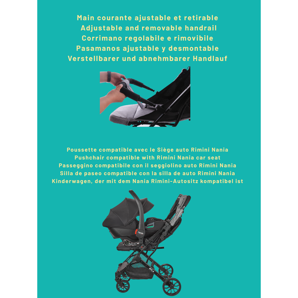 NANIA Nania Myla, poussette canne compacte, 0 à 4 ans ( 22kg max), légère (7,5 kg), poussette citadine, inclinable d'une main en position allongée, grand panier de rangement, avec trolley de transport