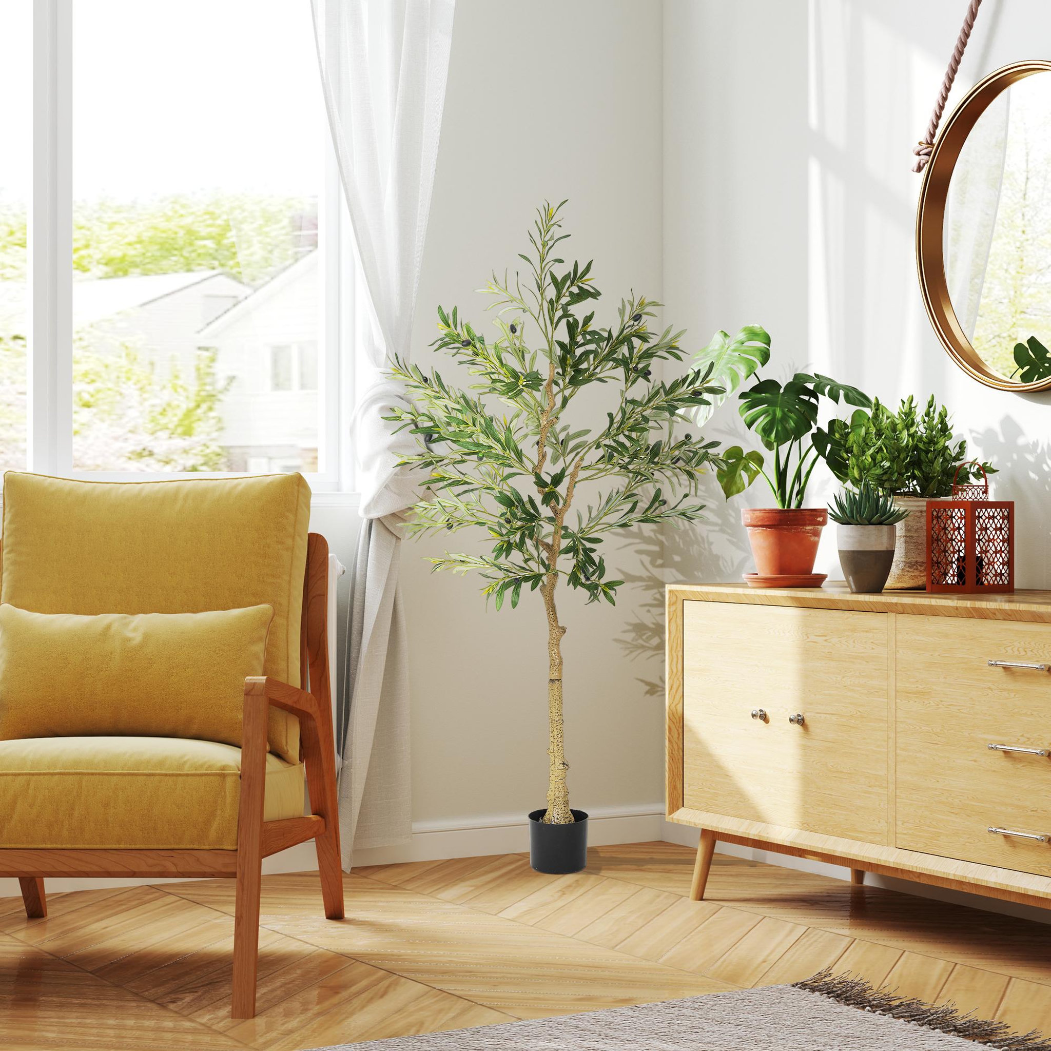 Voir la diapositive 4 : HOMCOM Olivier artificiel 150 cm plante artificielle intérieur en pot avec des feuilles et fruits réalistes