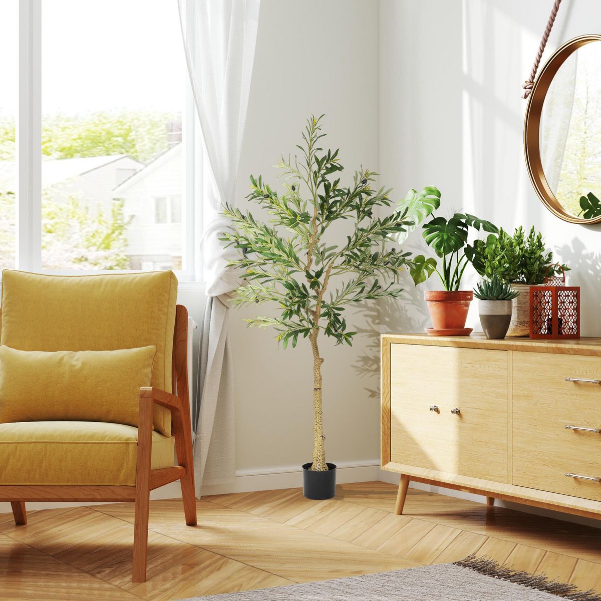 HOMCOM Olivier artificiel 150 cm plante artificielle intérieur en pot avec des feuilles et fruits réalistes