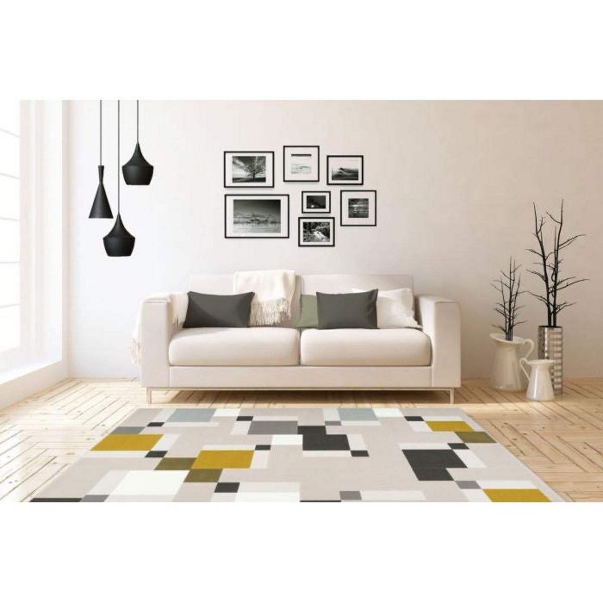 Paris Prix Tapis Géométrique à Poils Courts  Esperanto II  Crème & Vert