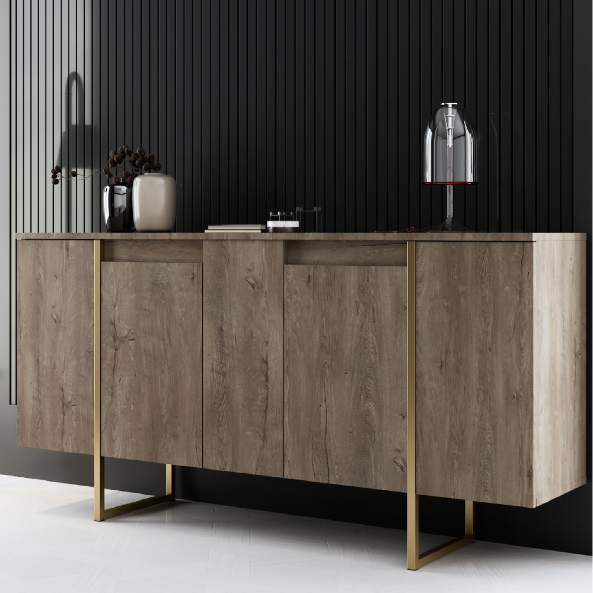 Voir la diapositive 6 : CONCEPT USINE Buffet design bois et or 160 cm - 4 portes luxor