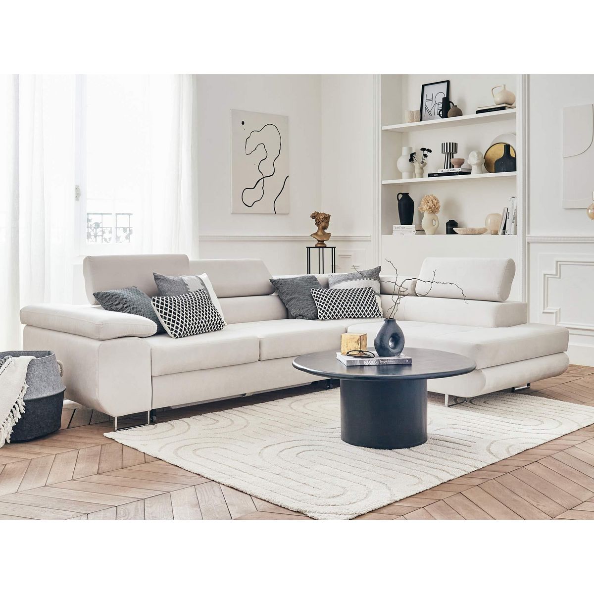 BEST MOBILIER Pablo - canapé d'angle droit - 5 places - convertible avec coffre et têtières réglables - en velours