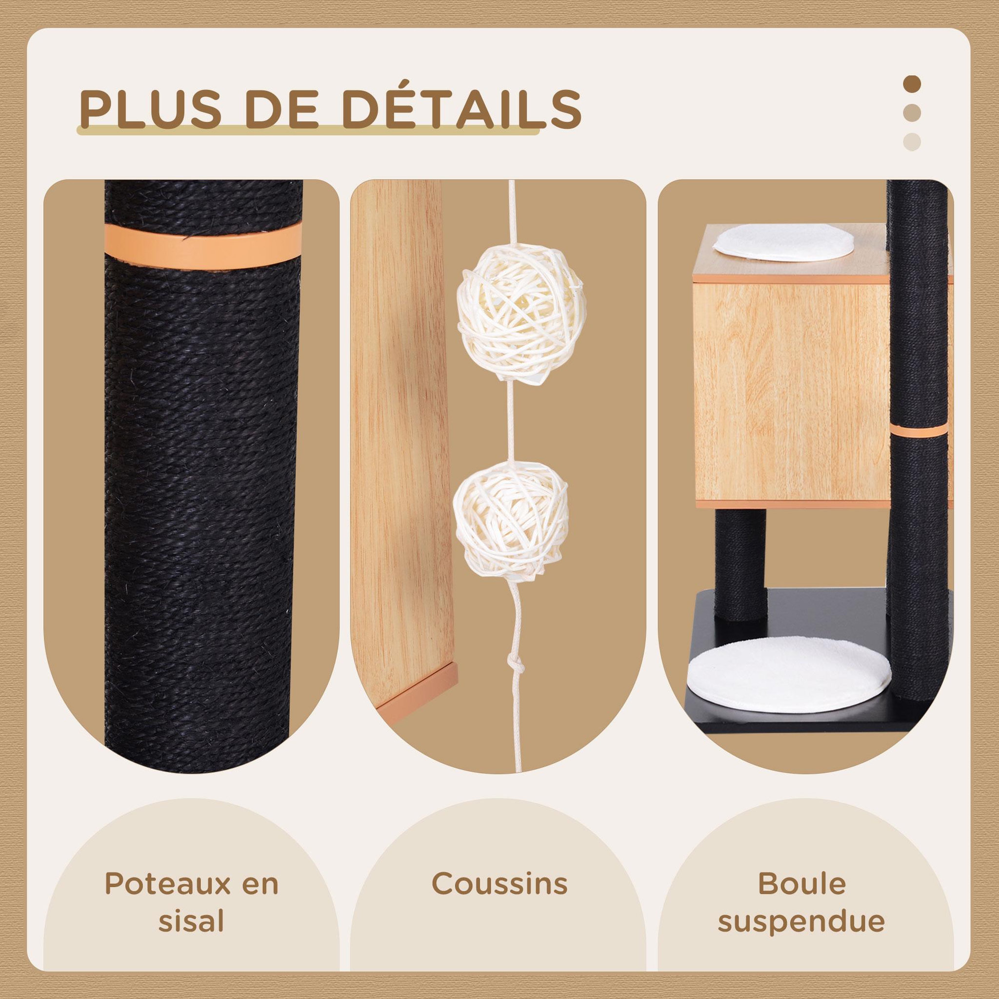 Voir la diapositive 5 : PAWHUT Arbre à chats design contemporain griffoirs grattoirs sisal naturel centre d'activités niche plate-formes jeu boules suspendues 71l x 49l x 120h cm mdf noir hêtre