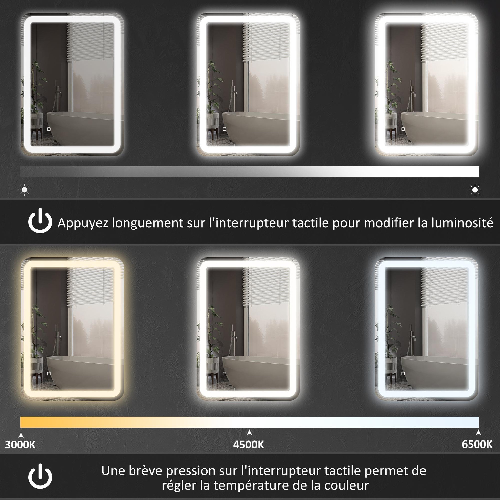 Voir la diapositive 5 : KLEANKIN Miroir lumineux led salle de bain 70 x 90 cm lumière réglable 3 couleurs fonction anti-buée et mémoire