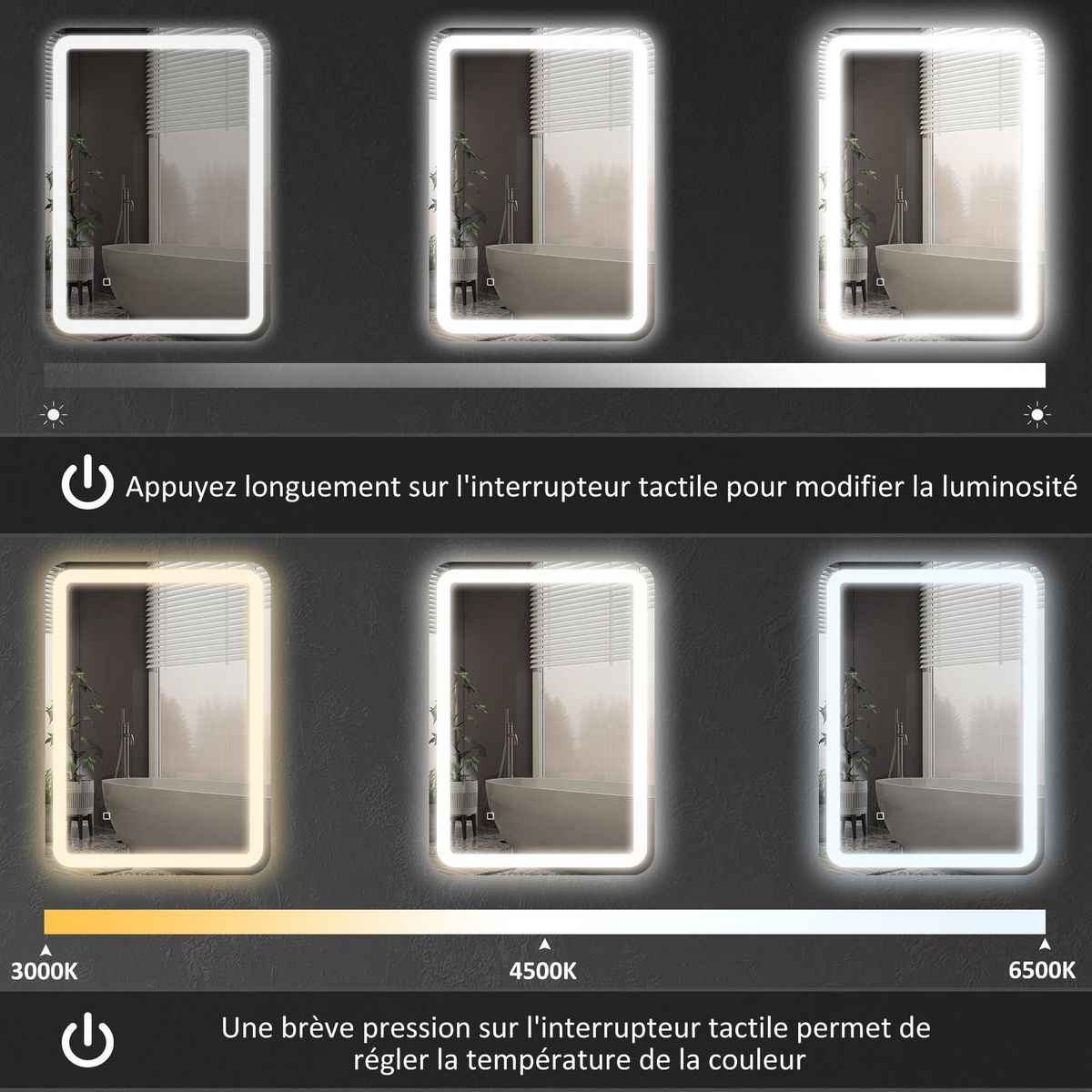 KLEANKIN Miroir lumineux LED salle de bain 70 x 90 cm lumière réglable 3 couleurs fonction anti-buée et mémoire