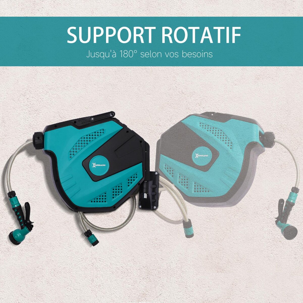 HOMCOM Dévidoir mural enrouleur automatique pivotant 180° tuyau 15 + 1,5 m avec lance arrosage support mural intégré turquoise noir