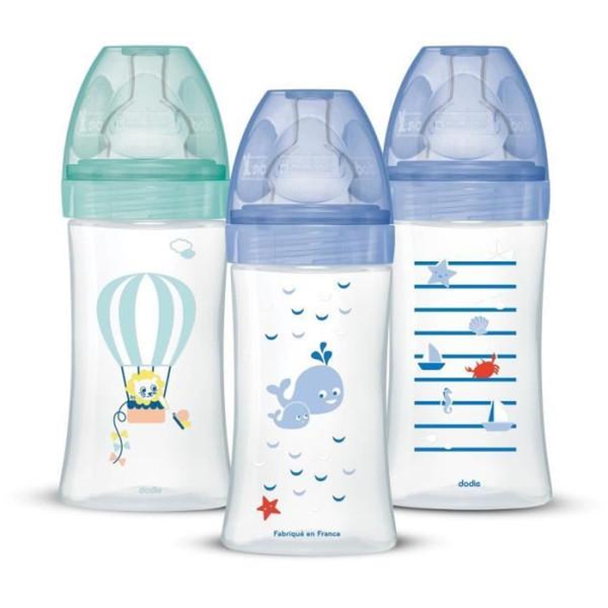 DODIE Lot de 3 Biberons Anti-Colique Sensation+ 270ml, 0-6 Mois, Tétine Plate, Débit 2 - Bleu Mer et Vert Air