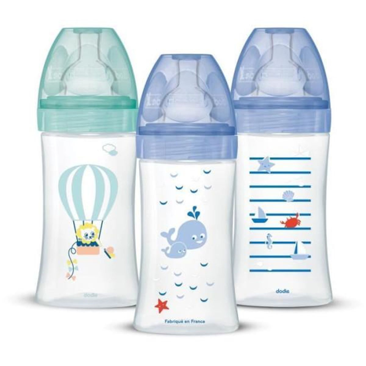 DODIE Lot de 3 Biberons Anti-Colique Sensation+ 270ml, 0-6 Mois, Tétine Plate, Débit 2 - Bleu Mer et Vert Air