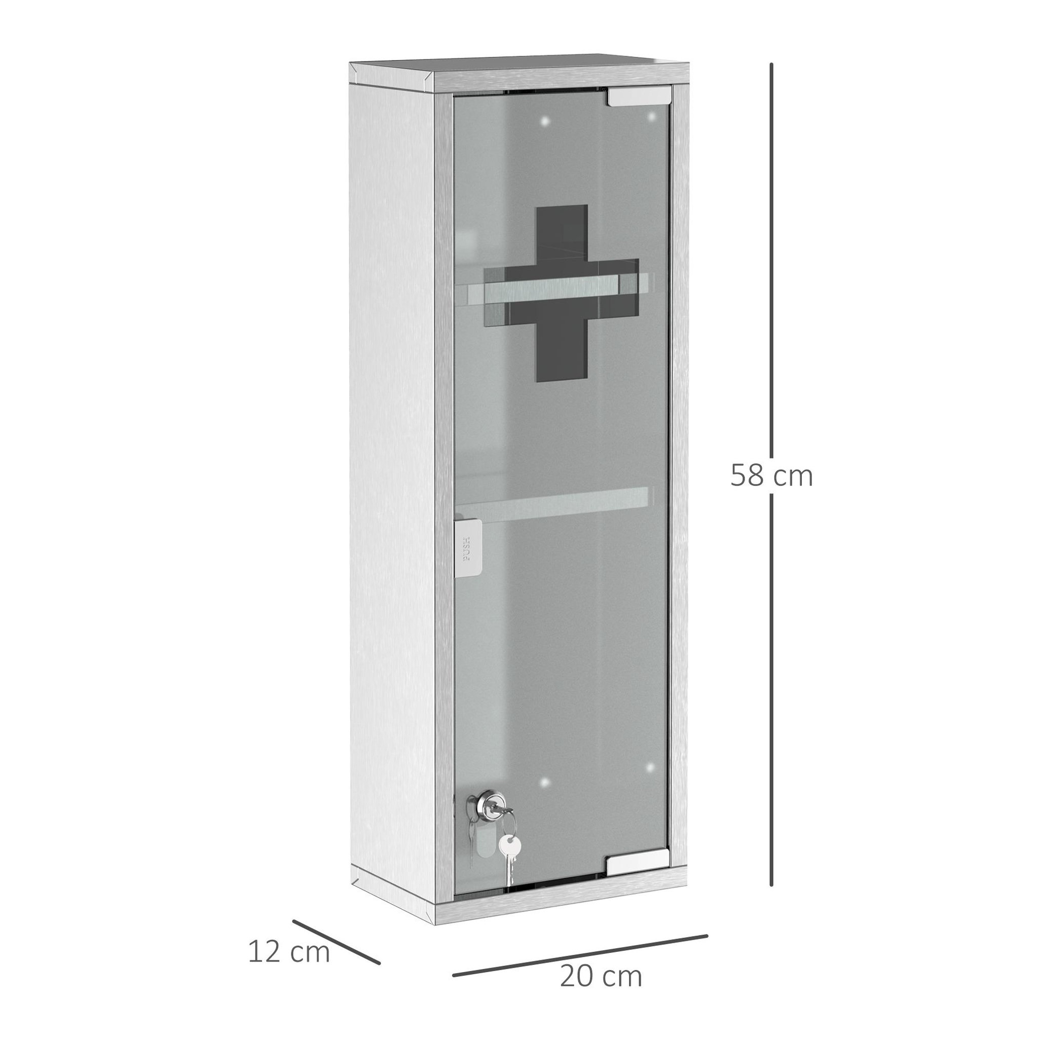 Voir la diapositive 3 : KLEANKIN Armoire à pharmacie 2 étagères 3 niveaux 20l x 12l x 58h cm porte verre trempé symbole croix acier inox.