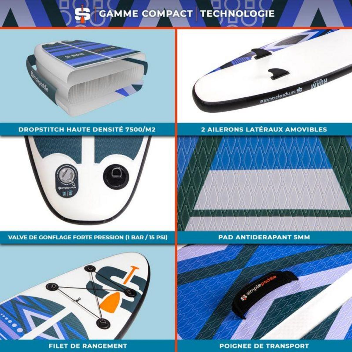 SIMPLE PADDLE Stand up Paddle Gonflable ROAM 10' 30'' 6'' (295 x 76 x 15 cm) Gamme COMPACT avec Pagaie, Leash, Pompe et Sac de Transport