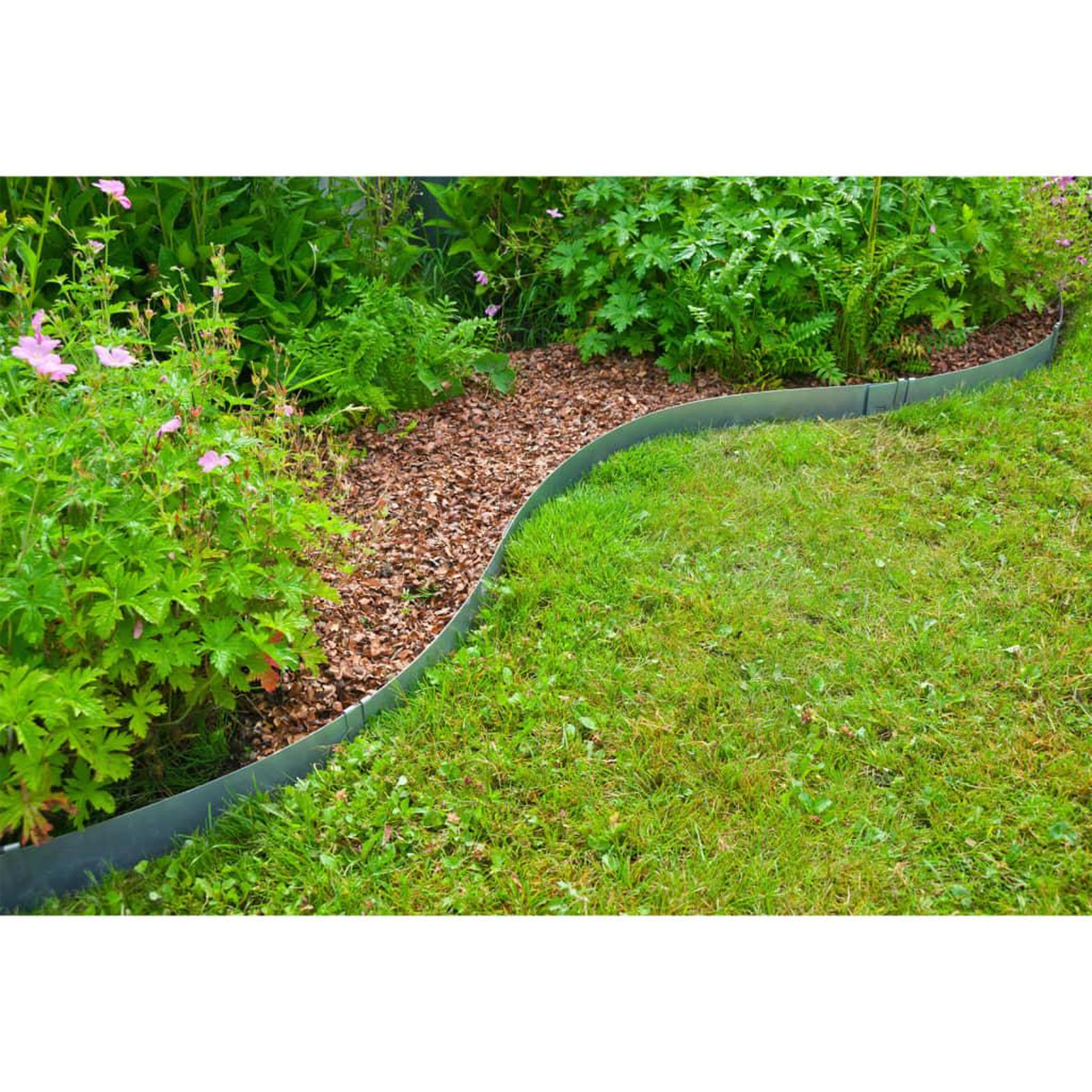 Voir la diapositive 5 : NATURE 3 bordures de jardin acier galvanisé avec 4 ancres incluses, 3 lattes de 91,4  x H10,2 cm soit 2,64 m, gris