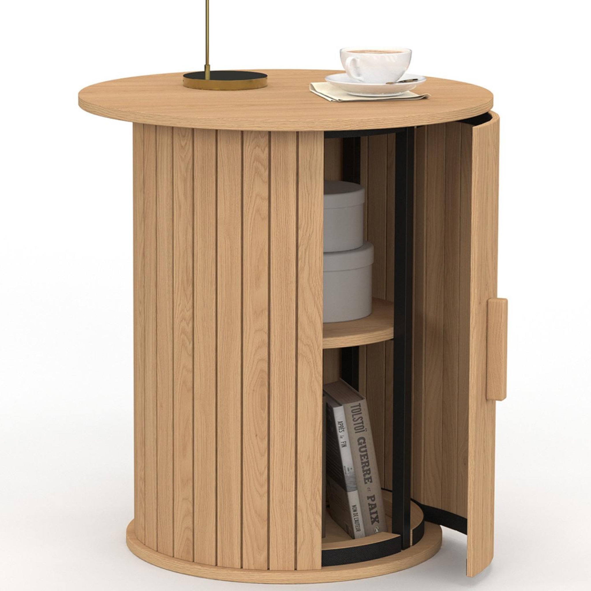 ID MARKET Table d'appoint ronde, bout de canapé, table de chevet JULIETTE 45 cm avec rangement intérieur lattes tasseau bois coloris chêne