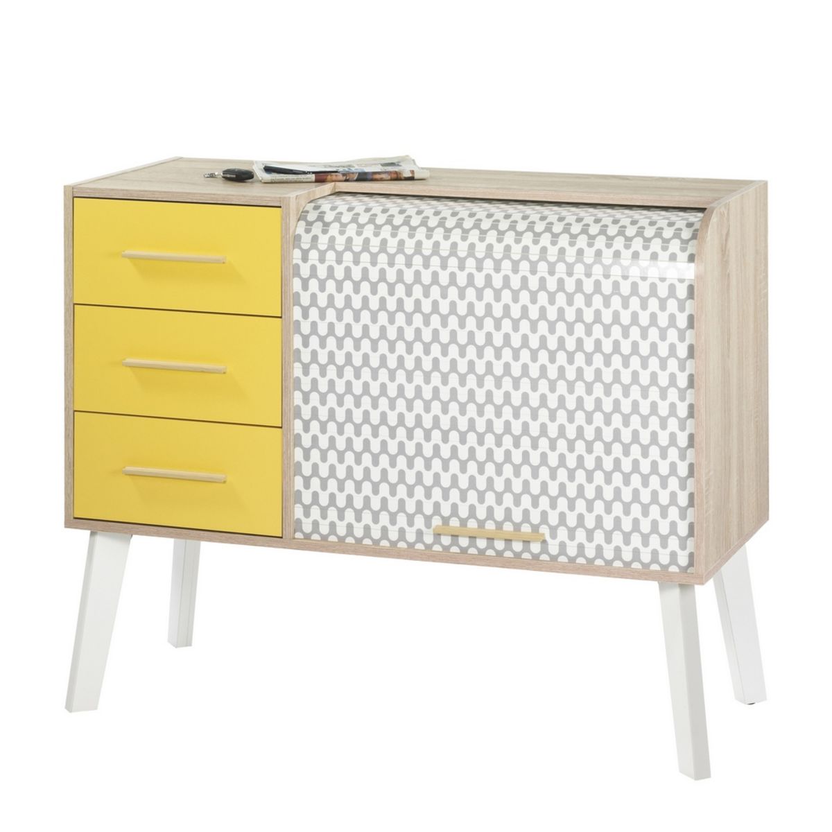 Meuble d'entrée 3 tiroirs 2 niches avec rideau motif vagues SMILE