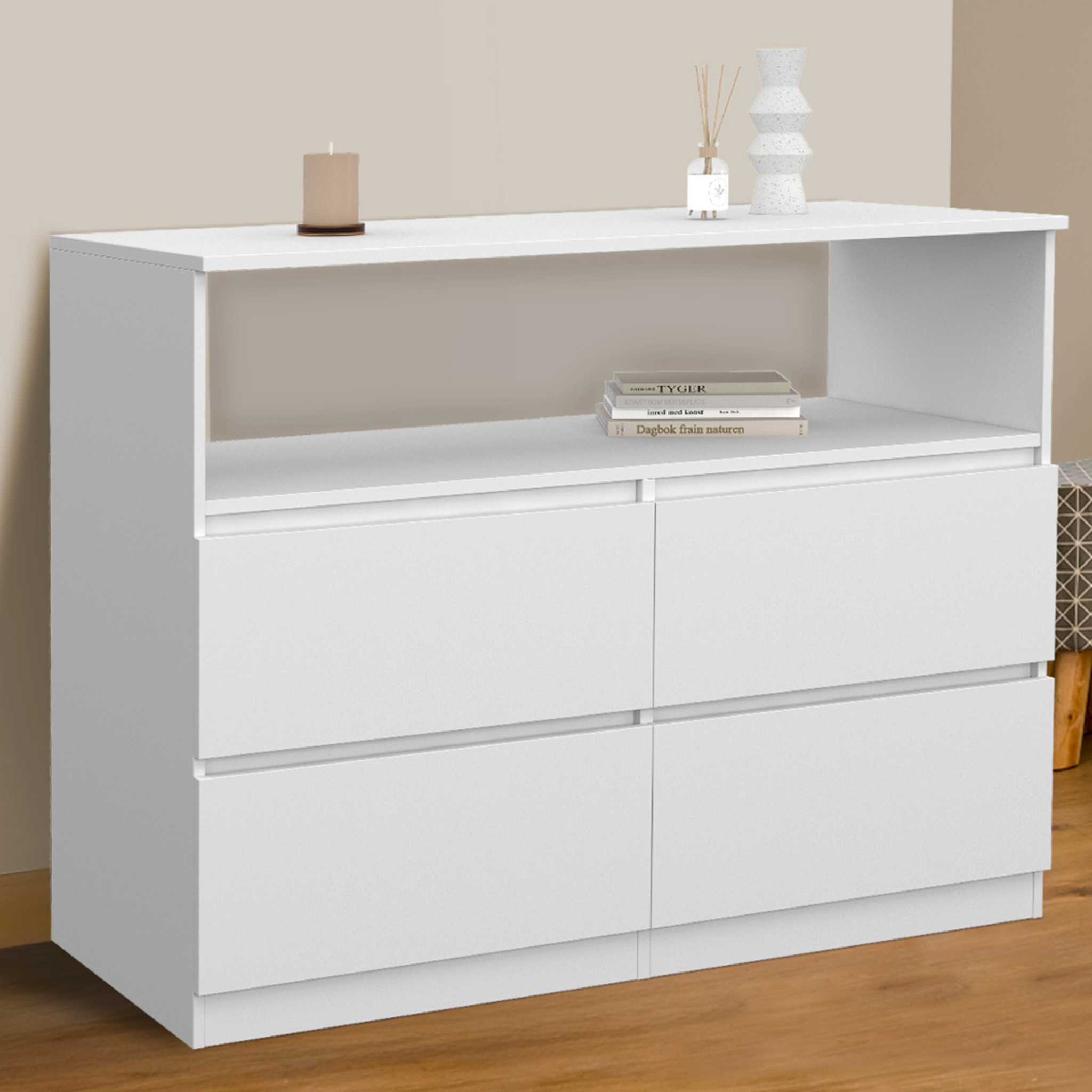 Voir la diapositive 2 : ID MARKET Commode 4 tiroirs tomi 100 cm avec niche bois blanc