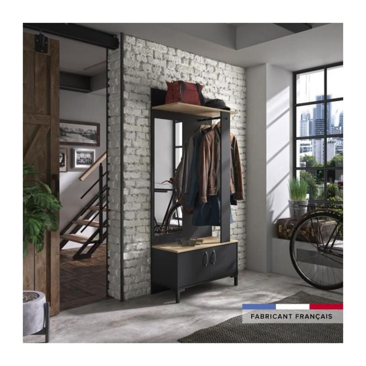 GAMI GAMI Meuble dentree 2 portes -  Made in France - Decor chene sonoma et noir - L 81 x H 190 x P 37 cm - STORE