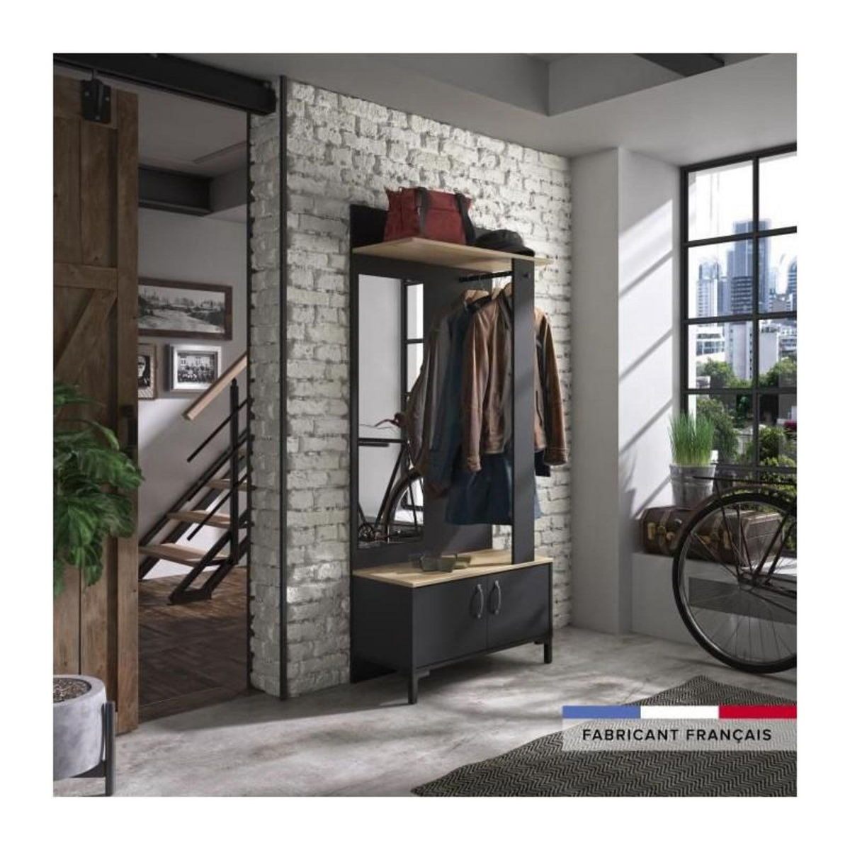 GAMI GAMI Meuble dentree 2 portes -  Made in France - Decor chene sonoma et noir - L 81 x H 190 x P 37 cm - STORE