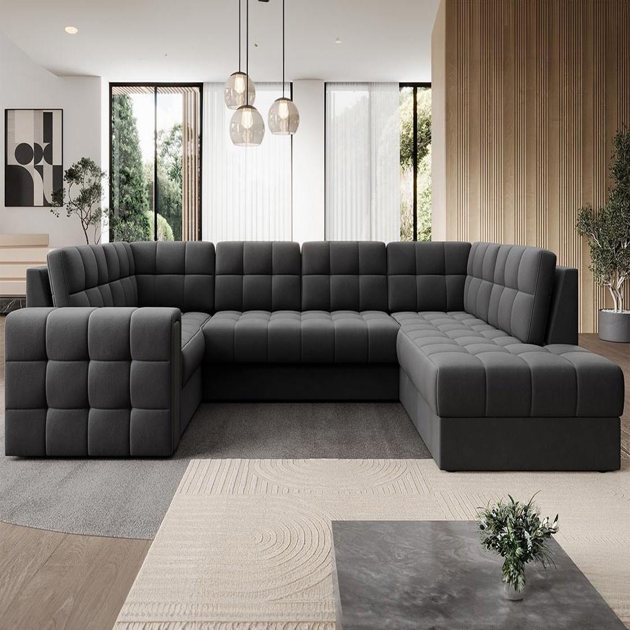 Voir la diapositive 4 : BEST MOBILIER Nappa - canapé panoramique d'angle gauche 7 places convertible avec coffre en velours