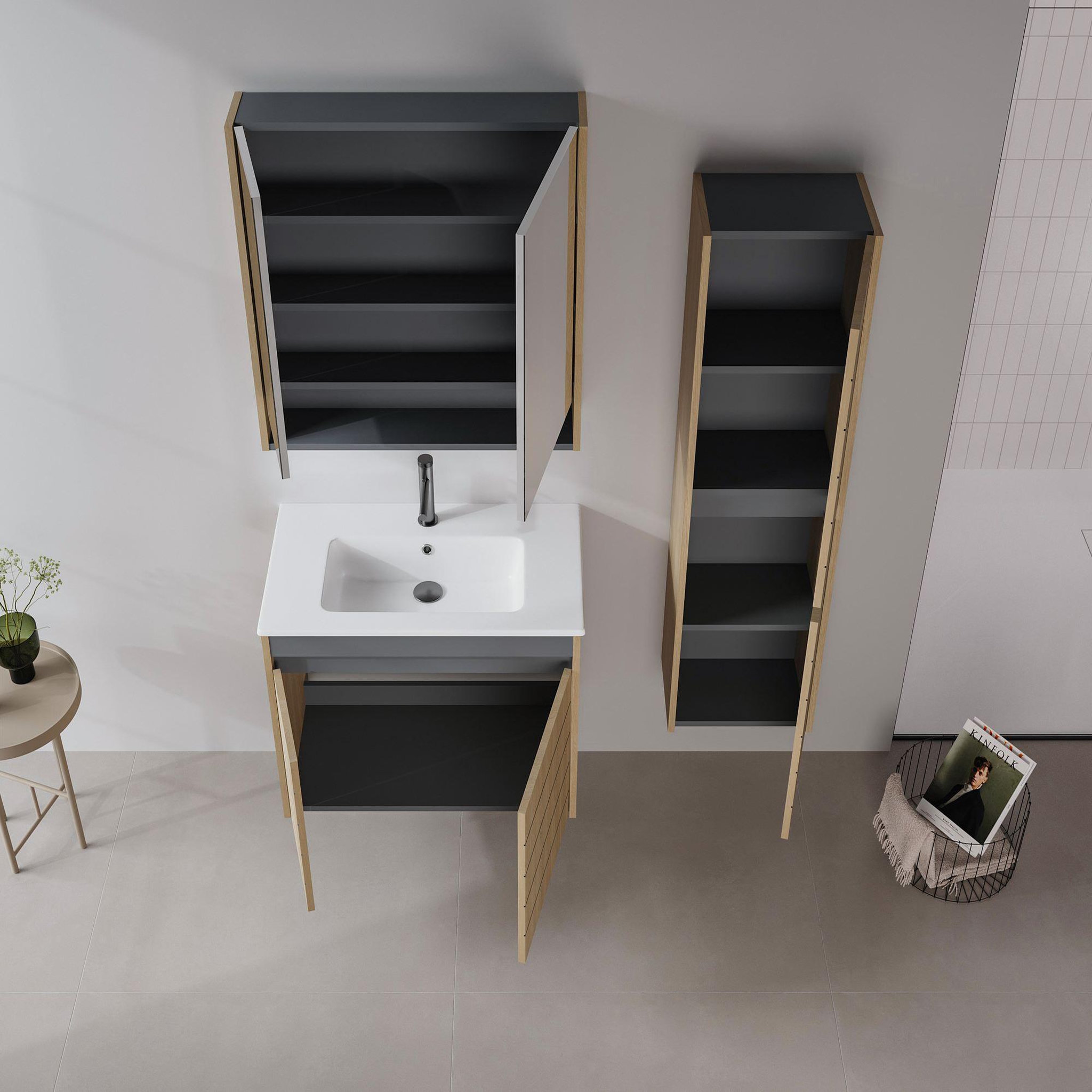 Voir la diapositive 3 : Habitat et Jardin Meuble Salle de Bain avec Miroir  Ricato 80  - 80 x 16 x 78 cm - Walnut