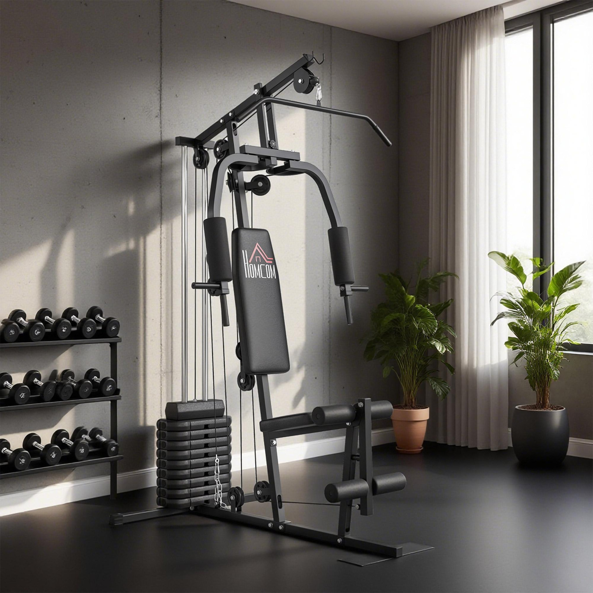 Voir la diapositive 2 : HOMCOM Station de musculation - entrainement complet - développé couché, butterfly, barre latissimus, curler - 9 contrepoids - acier noir