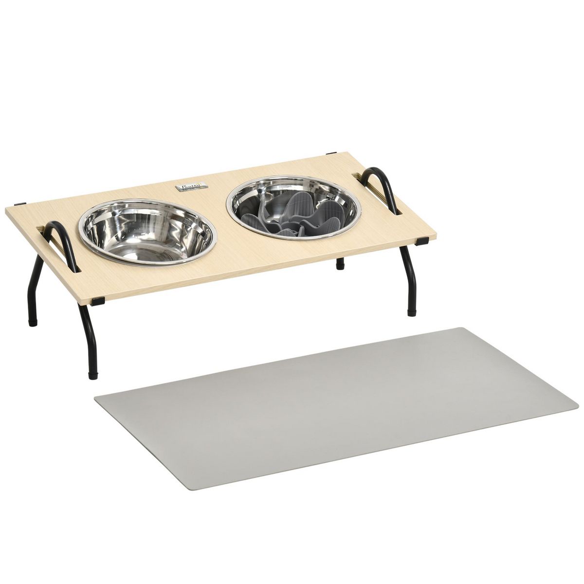 PAWHUT Gamelle double chien porte-gamelles surélevé 2 gamelles anti-glouton acier inox et tapis inclus acier noir plateau aspect bois clair