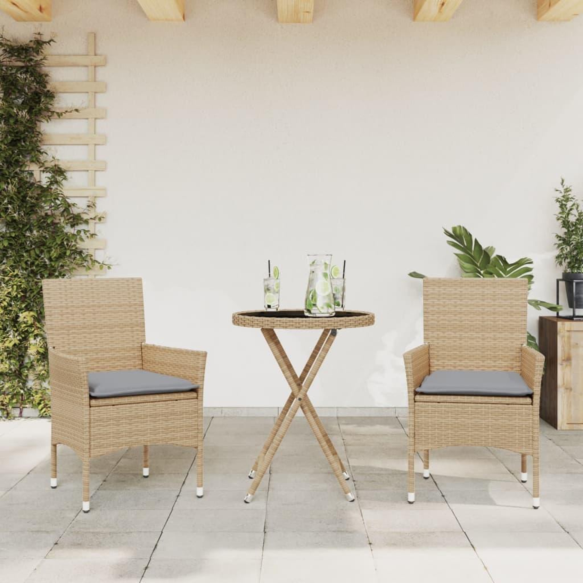 VIDAXL Ensemble de bistro avec coussins 3 pcs beige rotin et verre