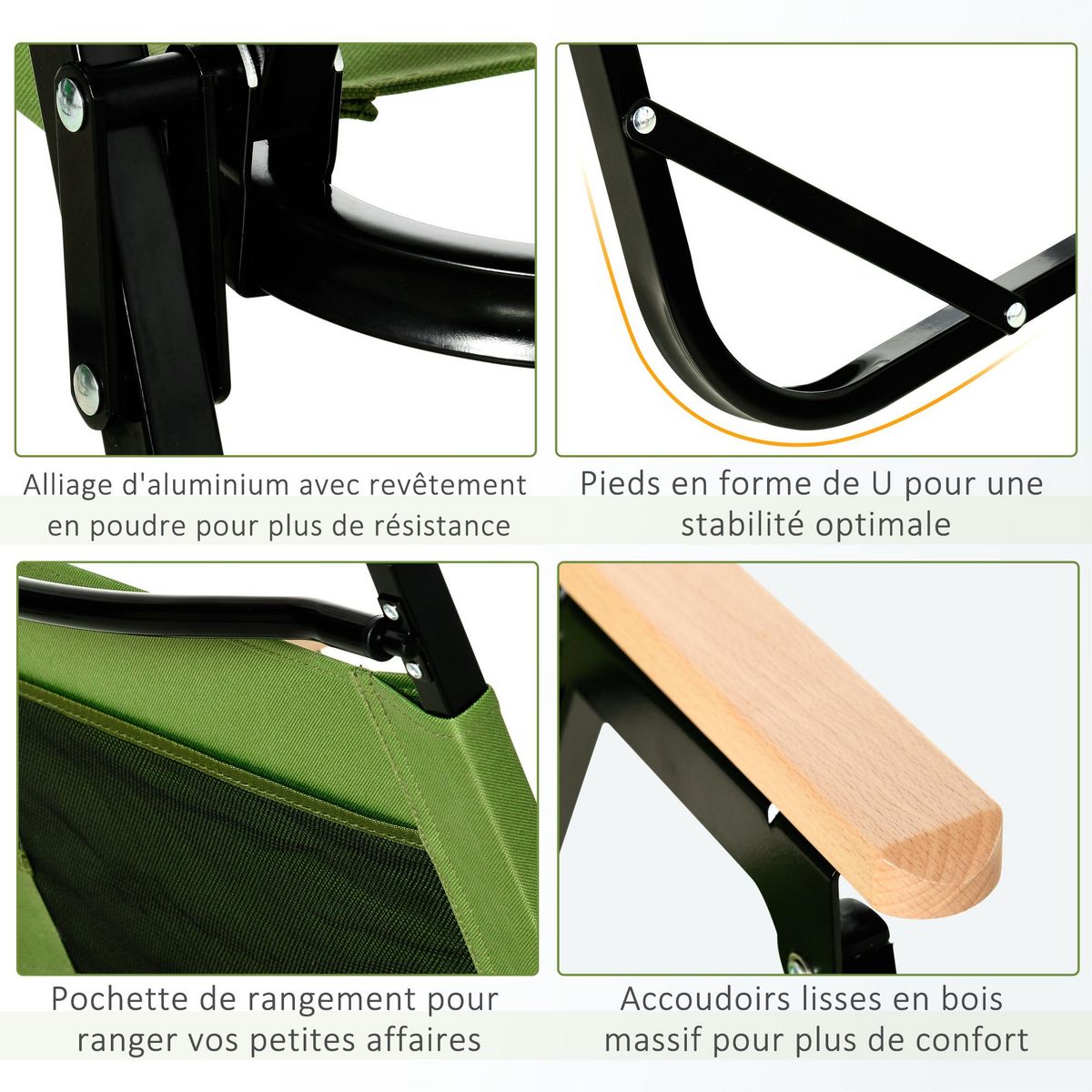 OUTSUNNY Lot de 2 chaises de plage camping pliantes - structure en aluminium avec sac de transport - dim. 55L x 55l x 66H cm vert
