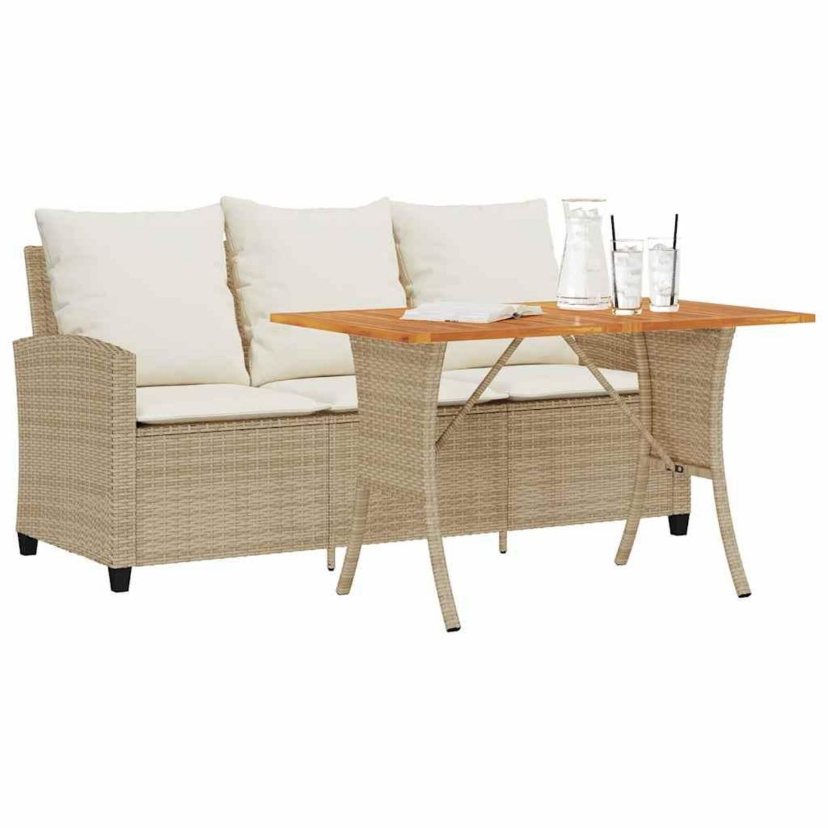 VIDAXL Canape de jardin 3 places coussins table beige resine tressee