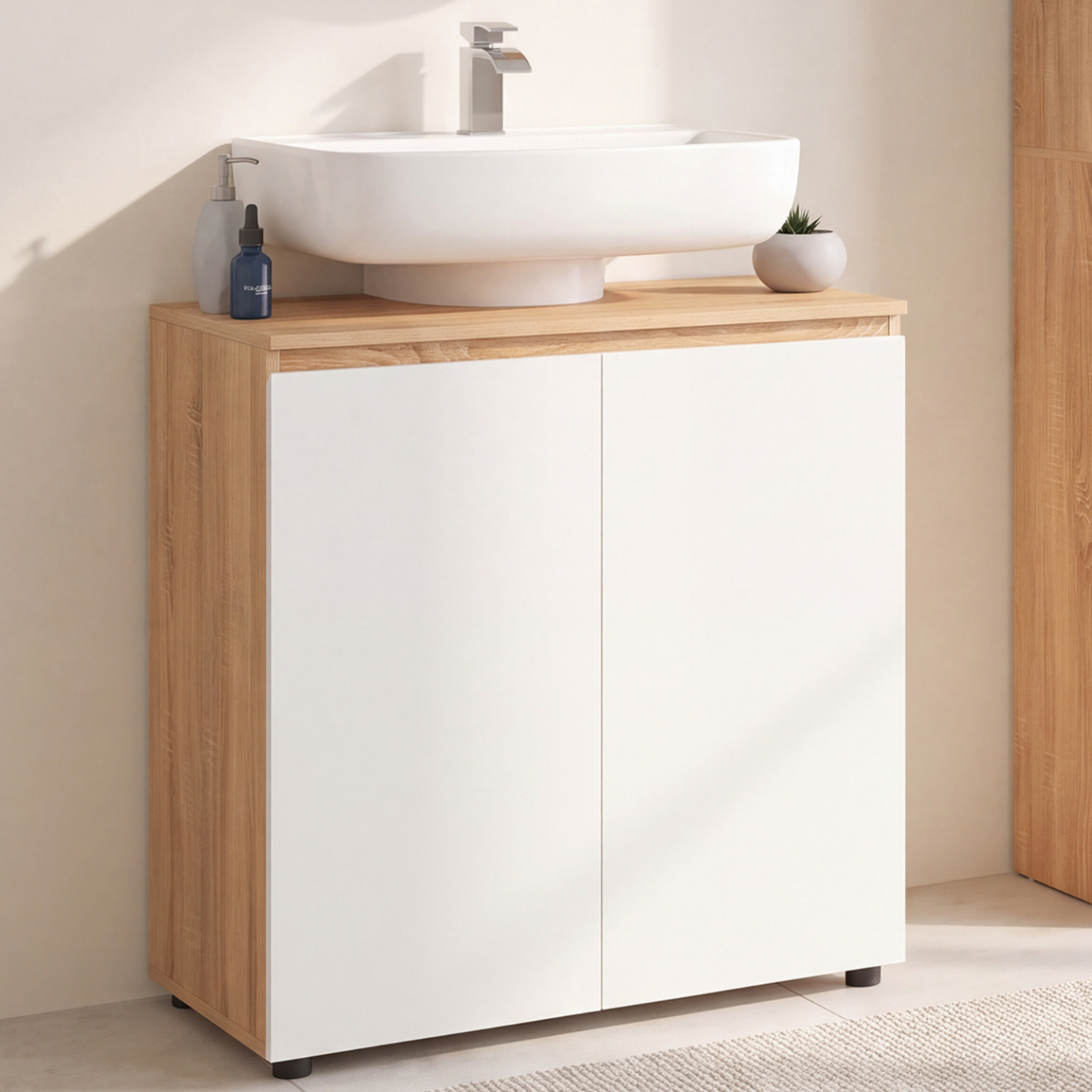 Voir la diapositive 2 : ID MARKET Meuble sous lavabo salle de bain tomi façon hêtre et blanc
